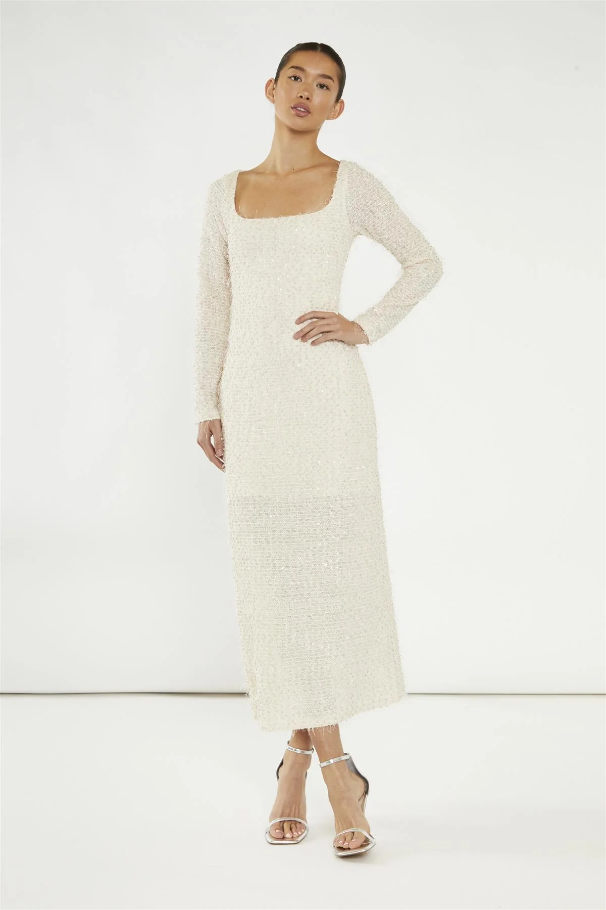 Nude Textured-Sequin Square-Neck Midaxi-Dress - Image 3