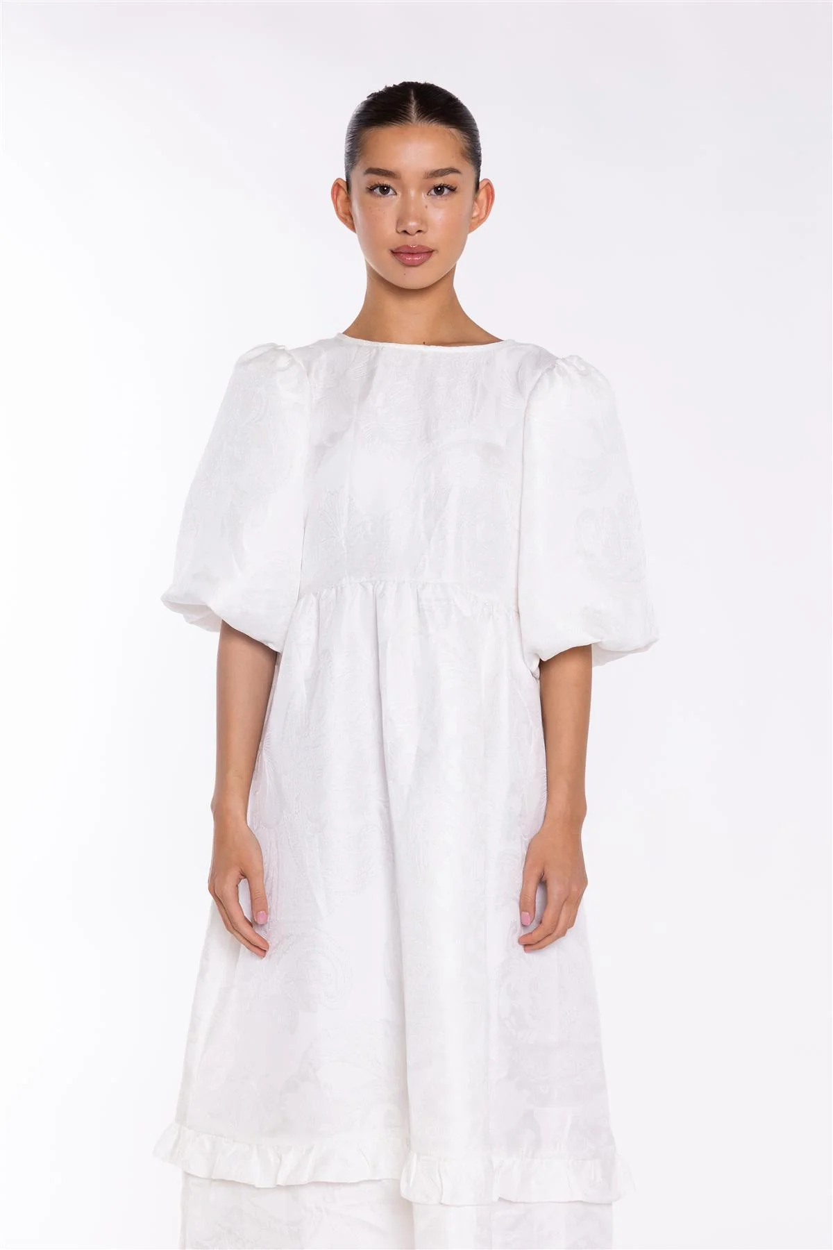 Off-White Brocade Tiered Tie-Back Midi-Dress - Image 3