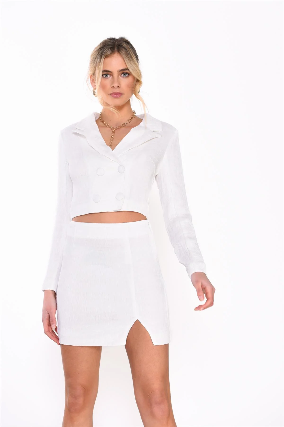 Off White Textured Split Mini-Skirt - Image 3