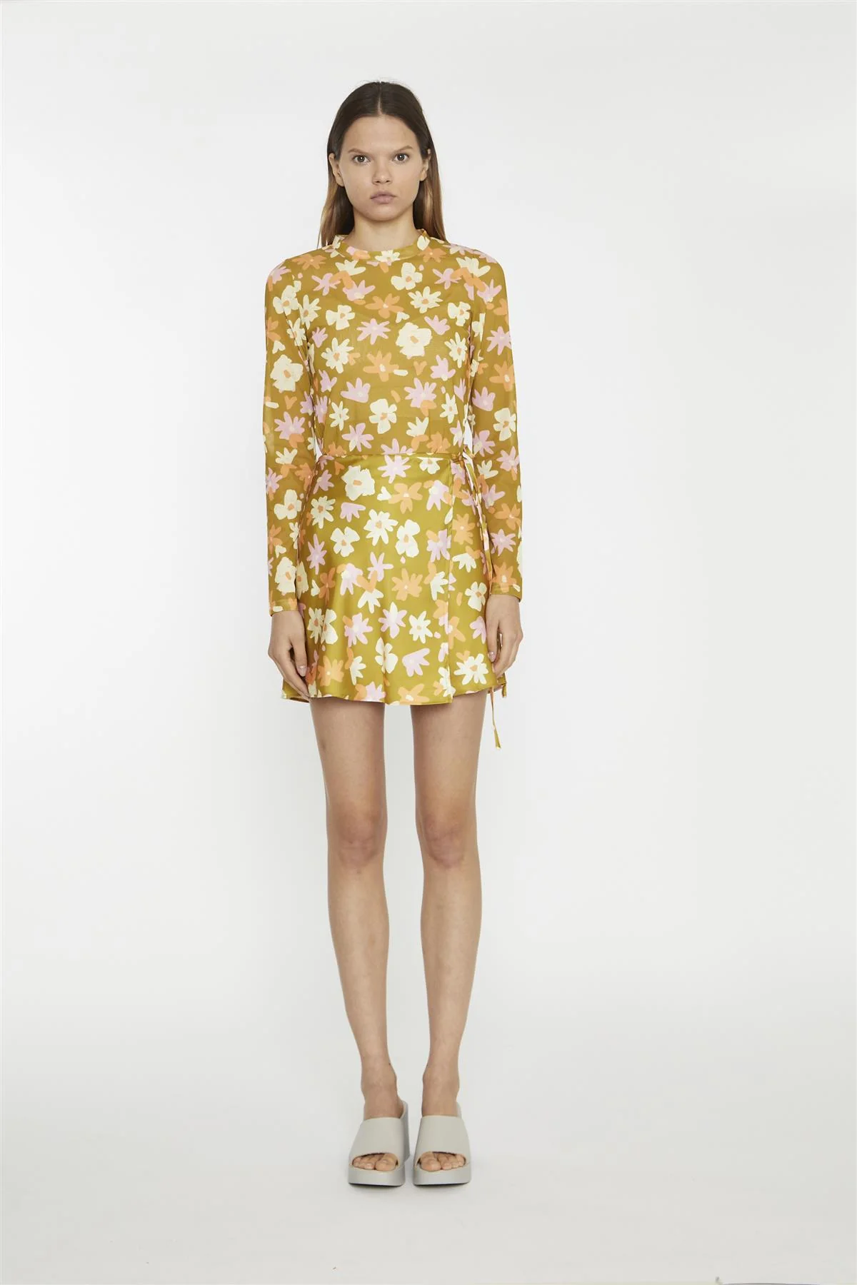 Olive Multi Flower Mesh Floral Long Sleeve-Top