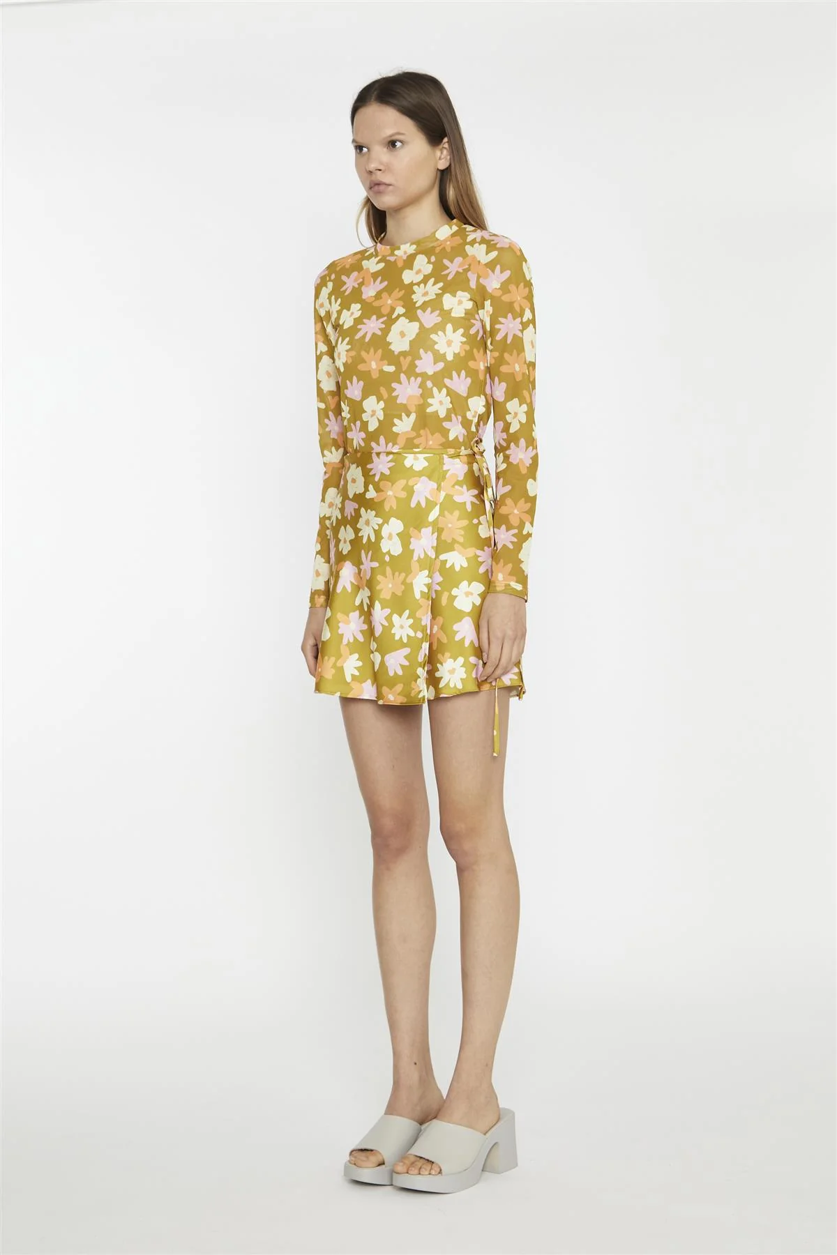 Olive Multi Flower Mesh Floral Long Sleeve-Top - Image 3