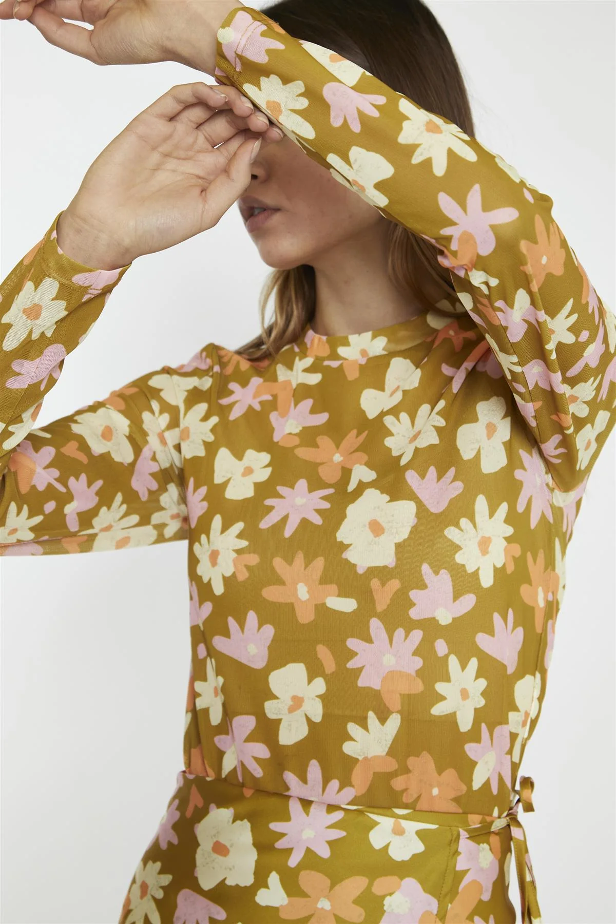 Olive Multi Flower Mesh Floral Long Sleeve-Top - Image 4