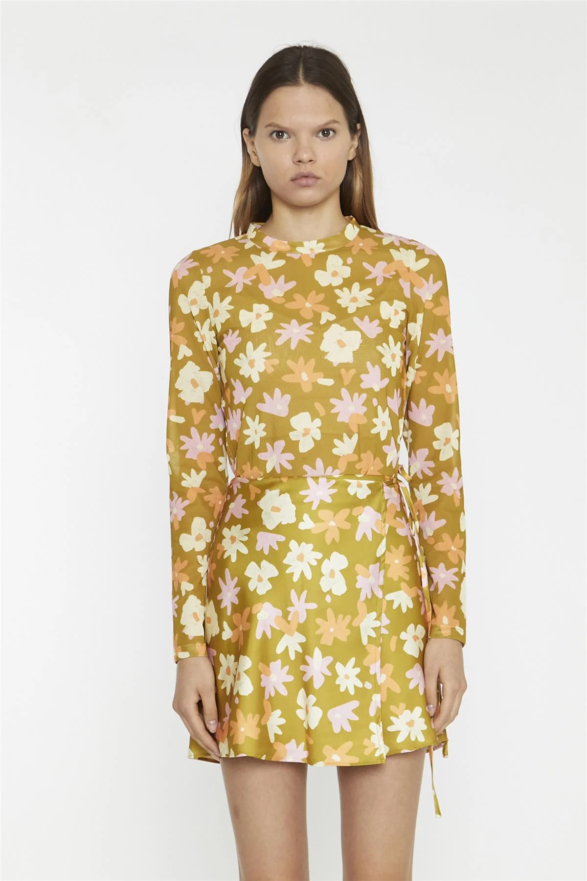 Olive Multi Flower Mesh Floral Long Sleeve-Top - Image 5