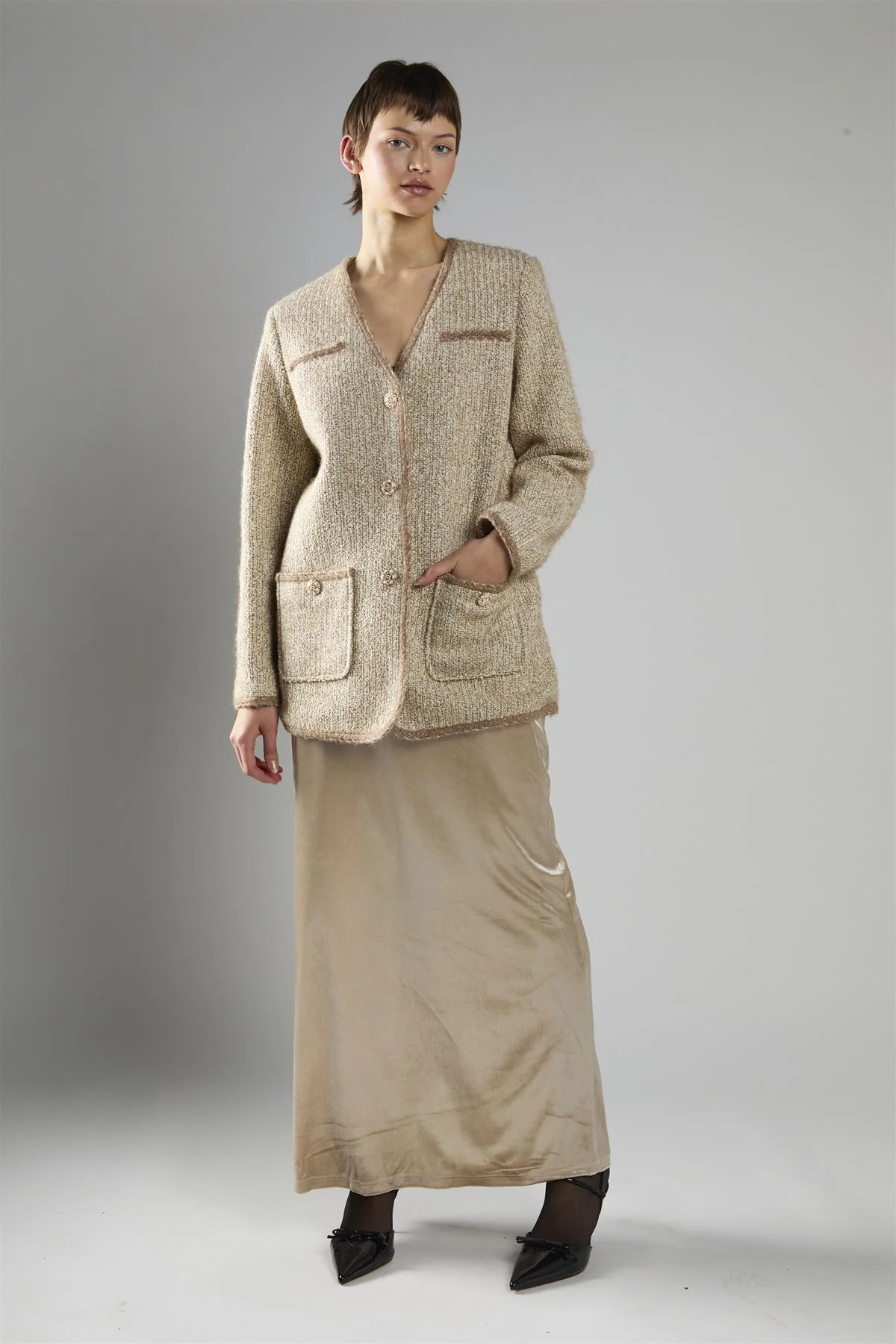 On-Trend Elegant Tweed Blazer in Stone Multi