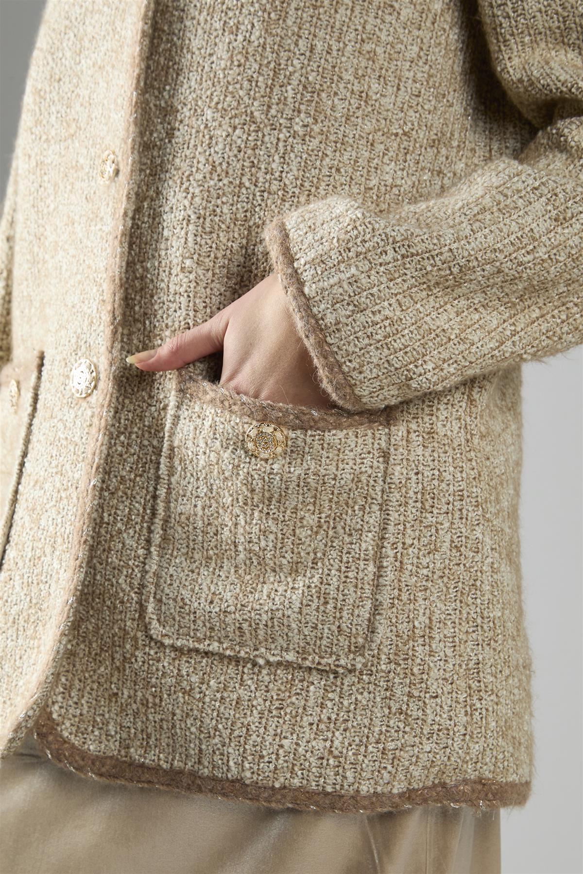 On-Trend Elegant Tweed Blazer in Stone Multi - Image 4