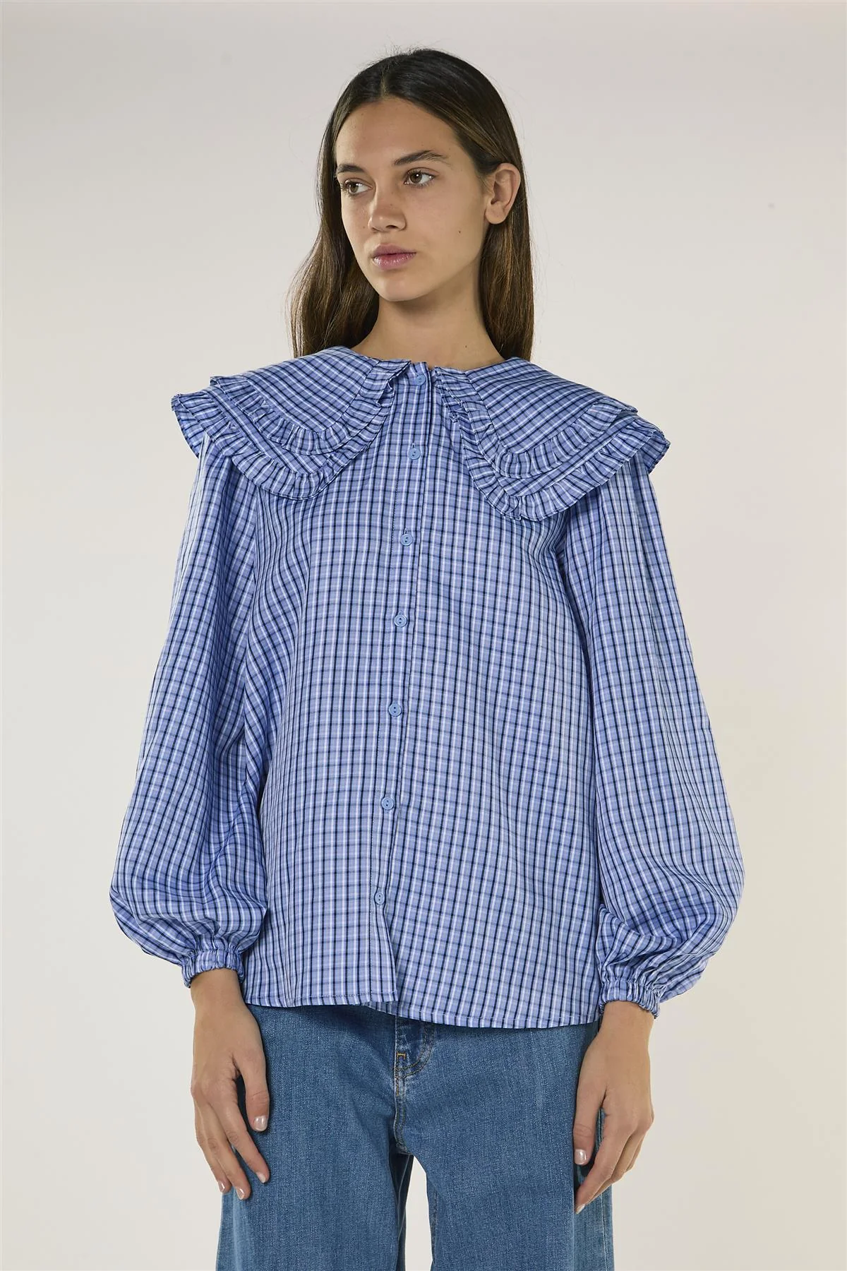 Pale Blue Check Statement Collar Blouse - Image 2