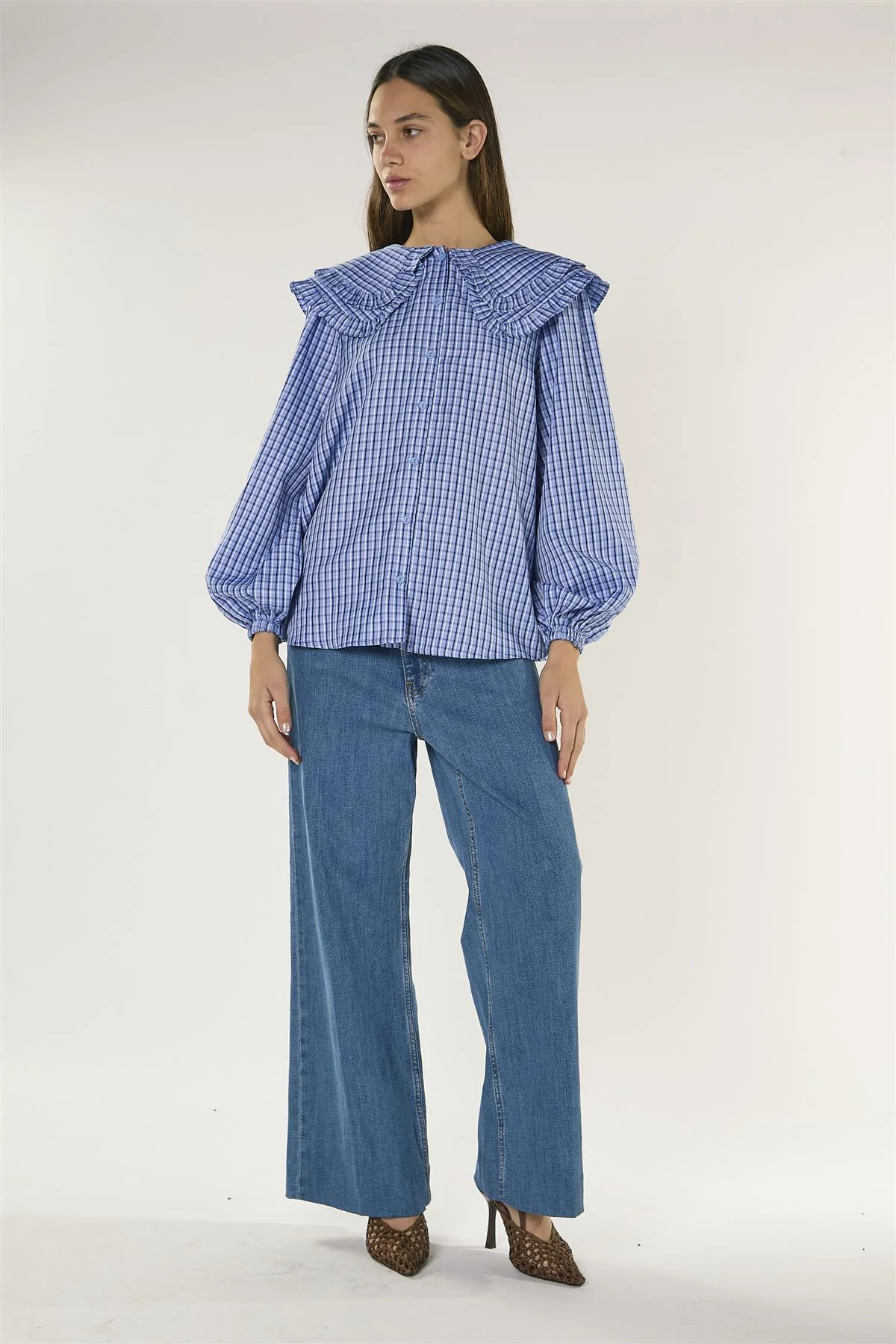 Pale Blue Check Statement Collar Blouse - Image 3