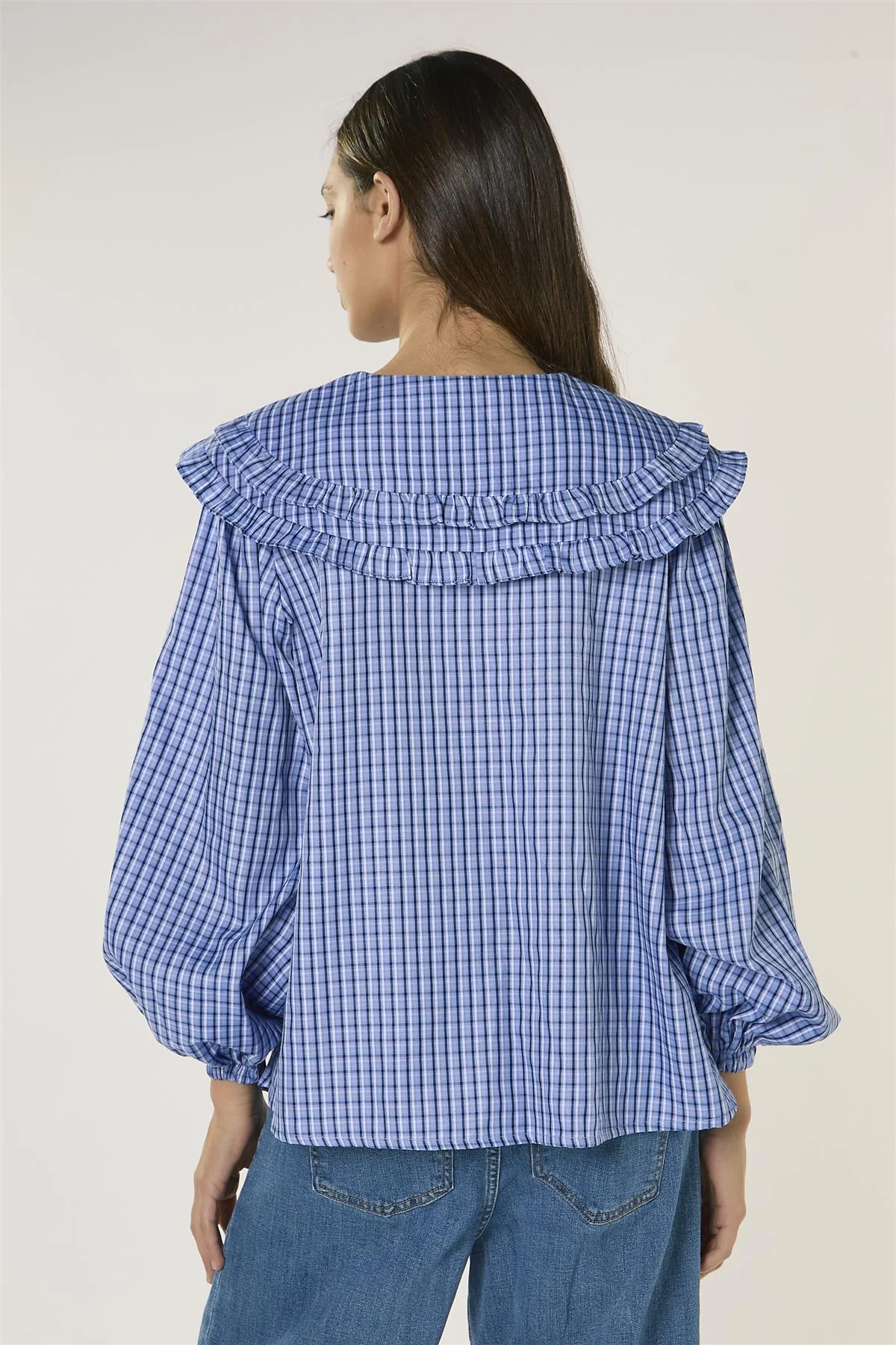 Pale Blue Check Statement Collar Blouse - Image 4