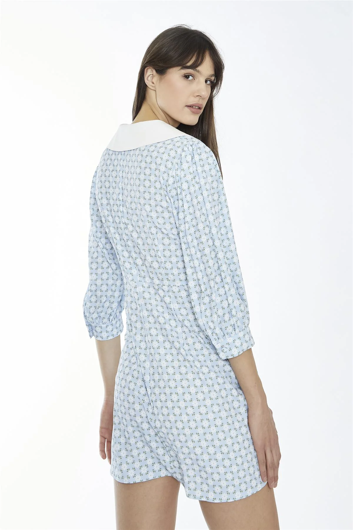 Pale-Blue Ditsy Button-Through Collared Mini-Dress - Image 2