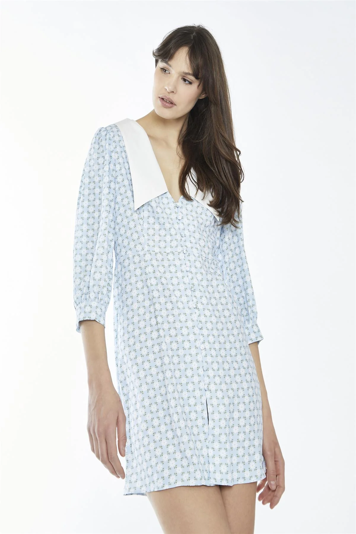 Pale-Blue Ditsy Button-Through Collared Mini-Dress - Image 3