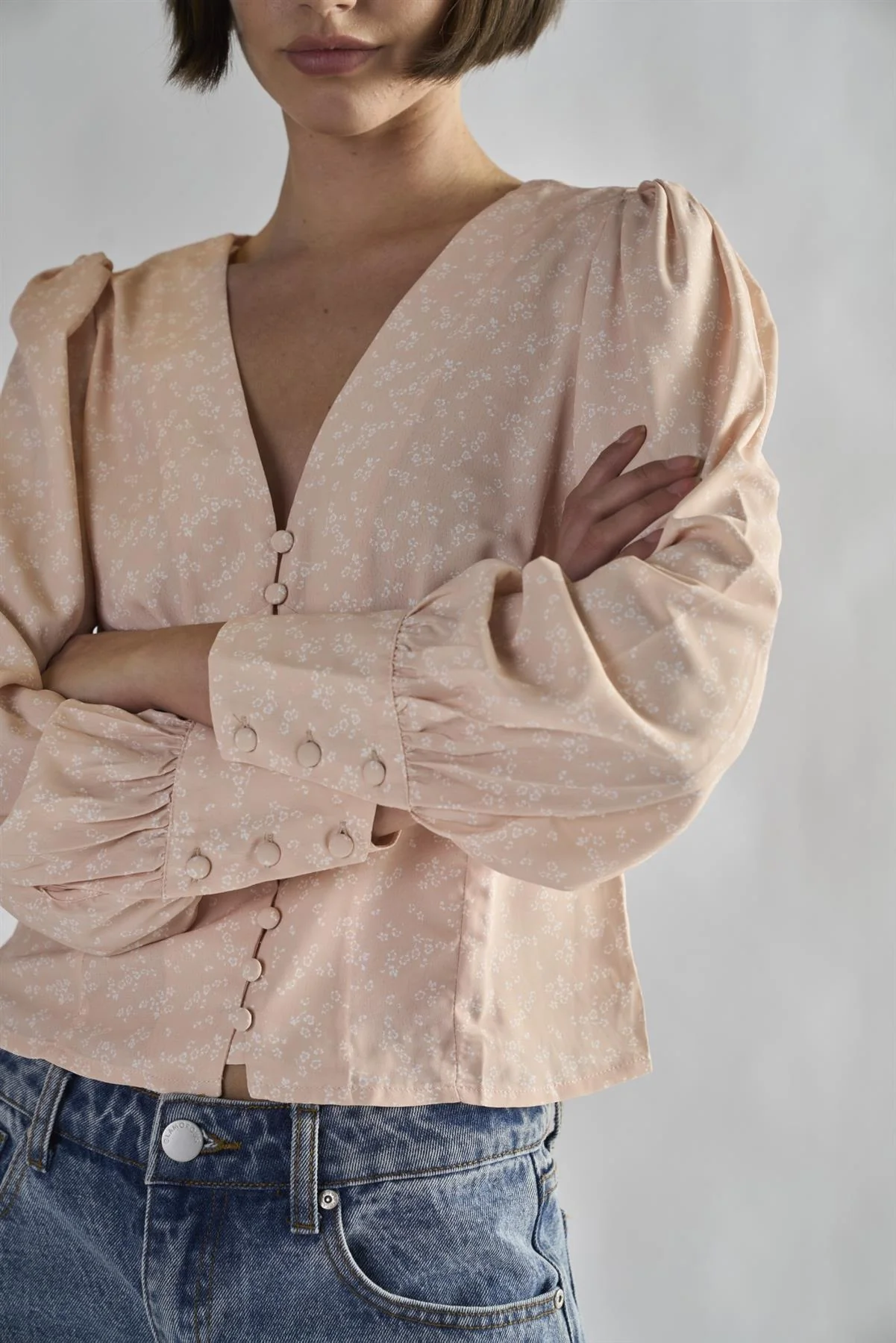 Peach-Ditsy V-Neck-Button-Up Tops - Image 4