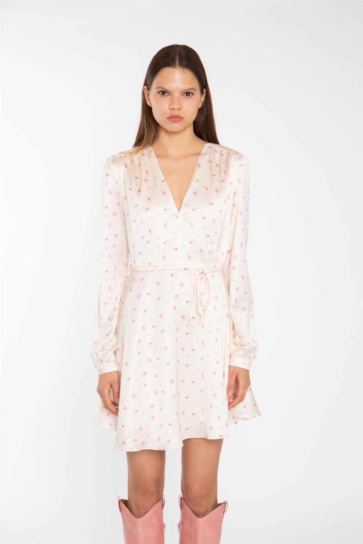 Peach-Pink Daisy V-Neck Mini-Dress - Image 4
