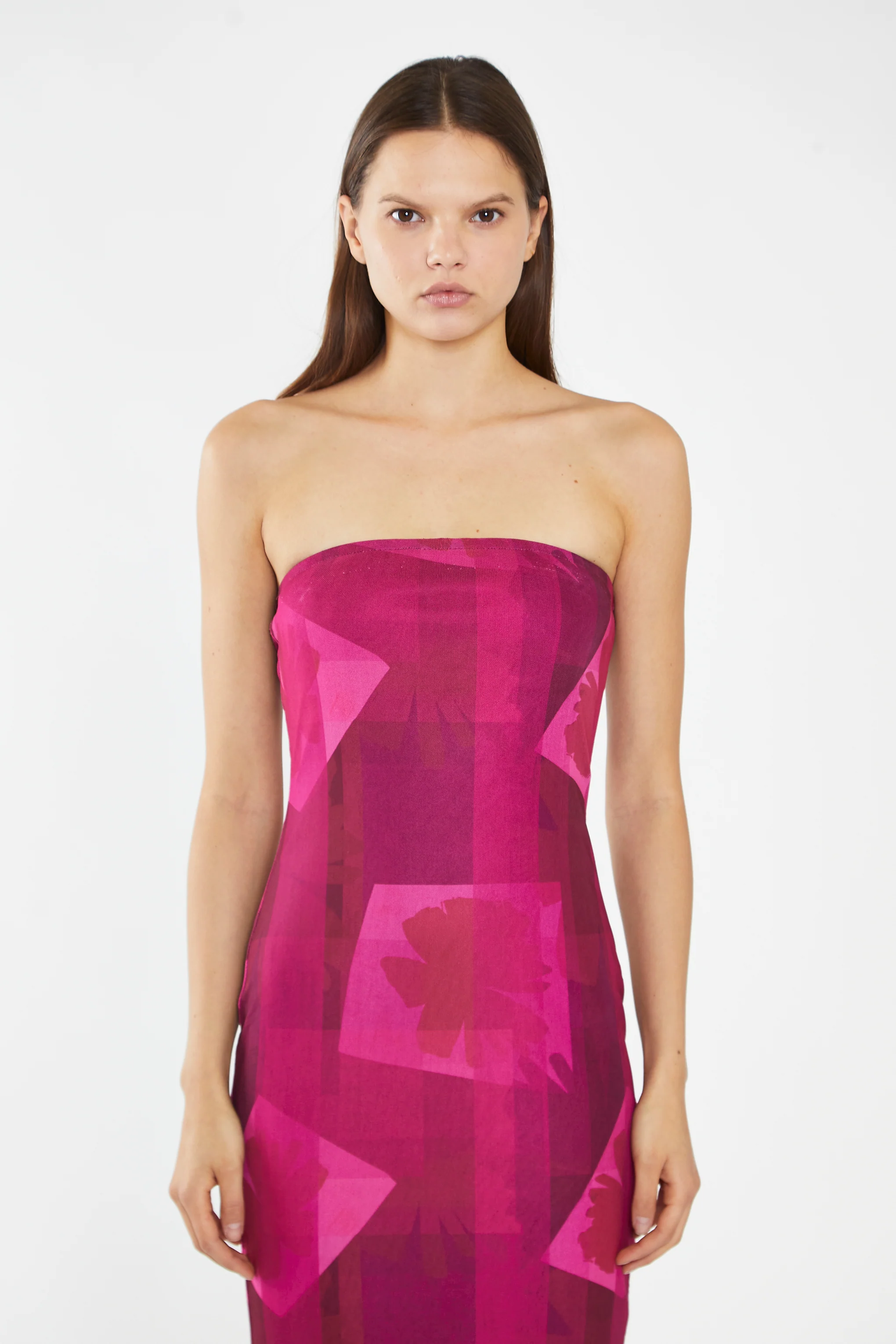 Pink-Block Mesh Bandeau Bodycon Midaxi-Dress - Image 2