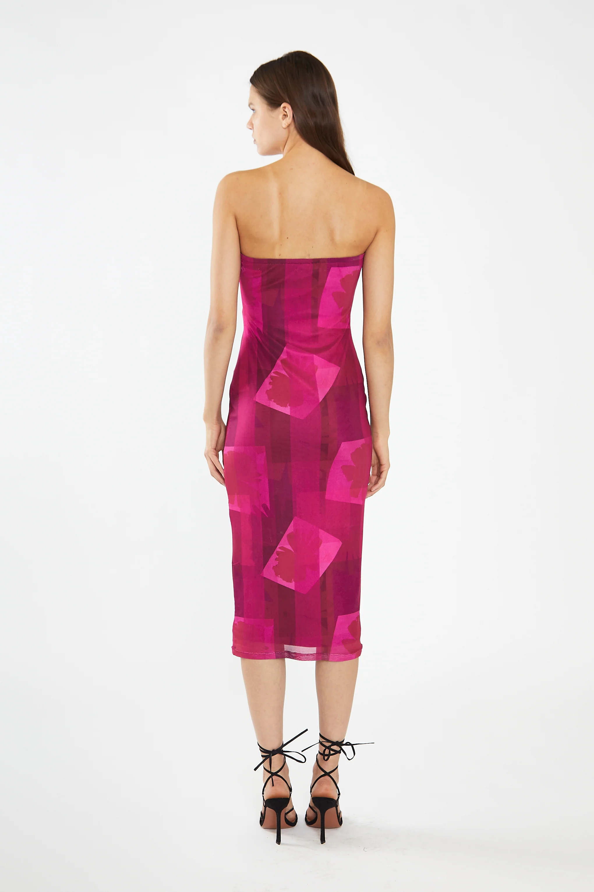 Pink-Block Mesh Bandeau Bodycon Midaxi-Dress - Image 3