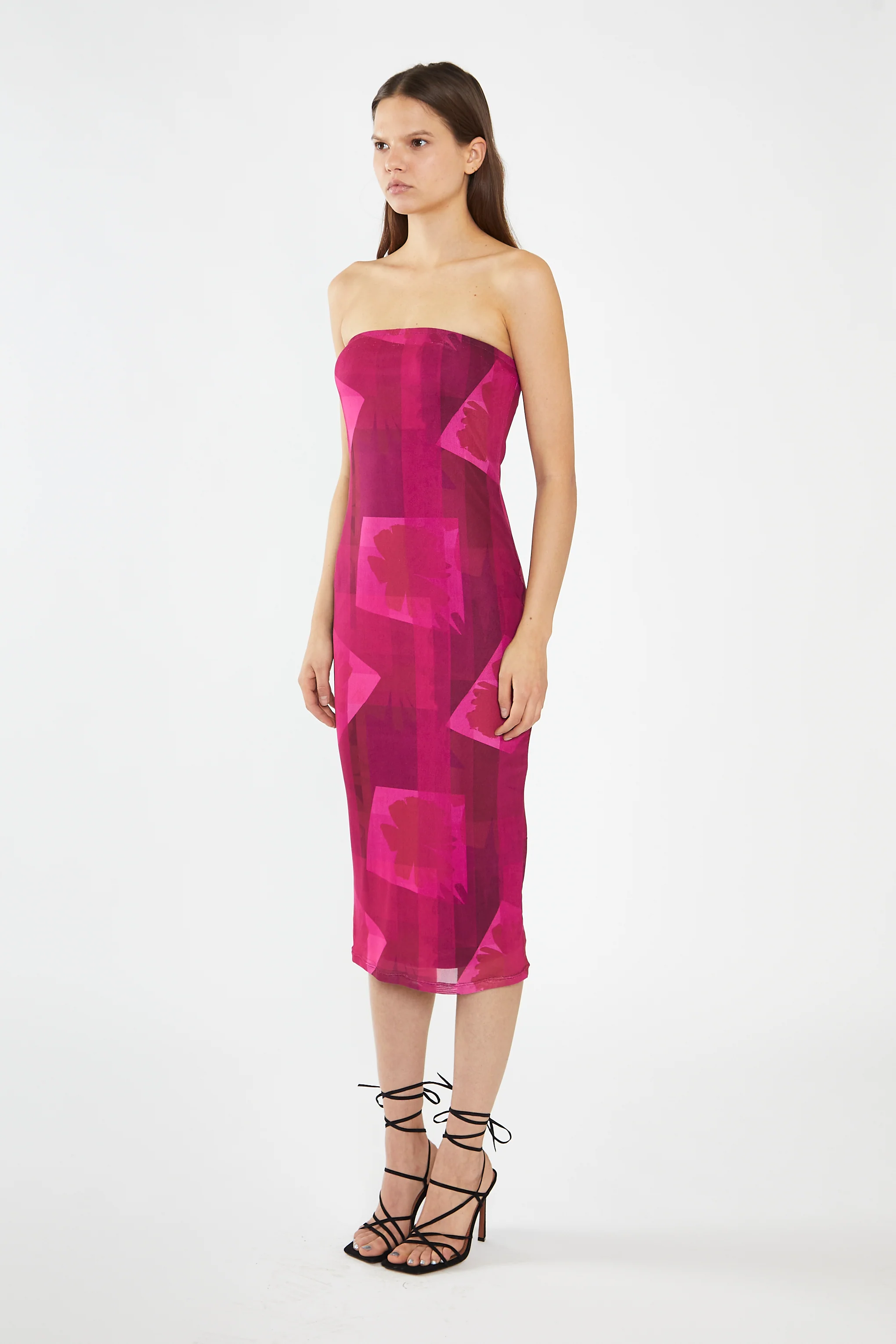 Pink-Block Mesh Bandeau Bodycon Midaxi-Dress - Image 4
