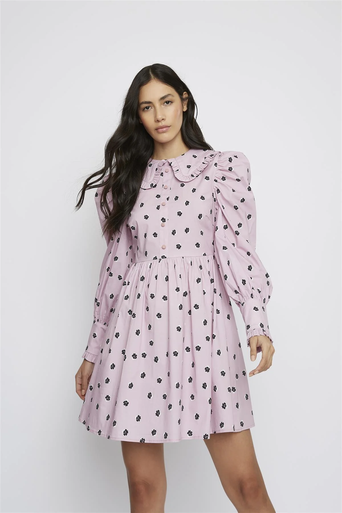 Pink Ditsy Cotton Button-Up Collared Mini-Dress - Image 4