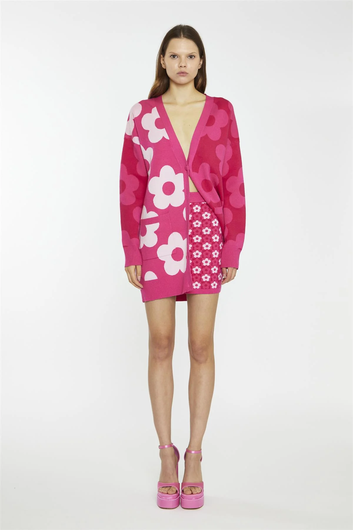 Pink Flower Check Bodycon Mini-Skirt