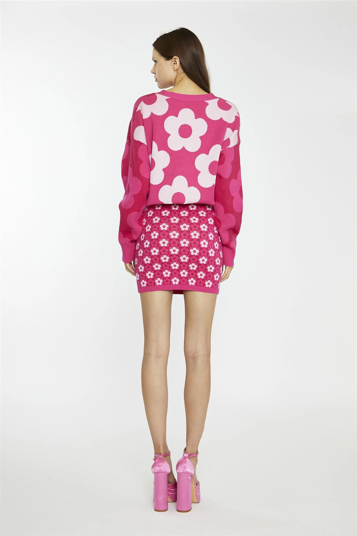 Pink Flower Check Bodycon Mini-Skirt - Image 2