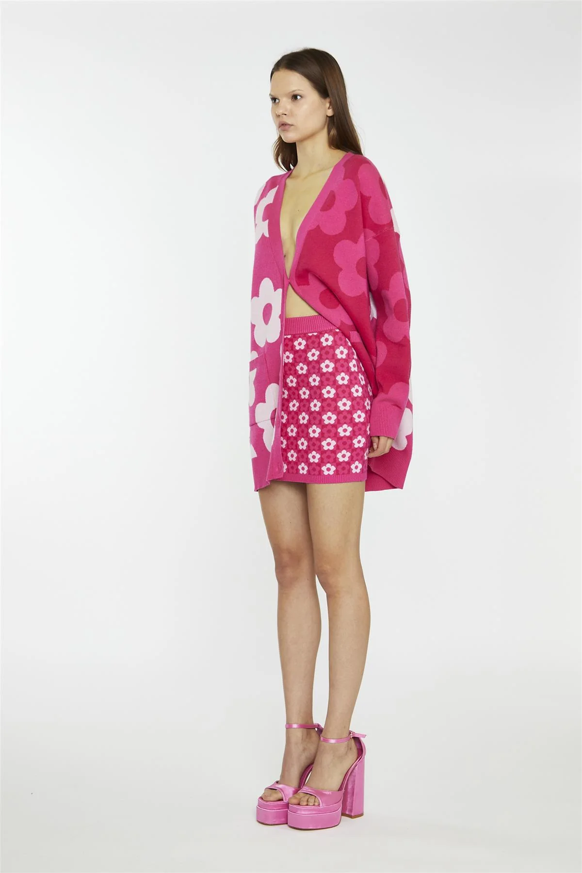 Pink Flower Check Bodycon Mini-Skirt - Image 3