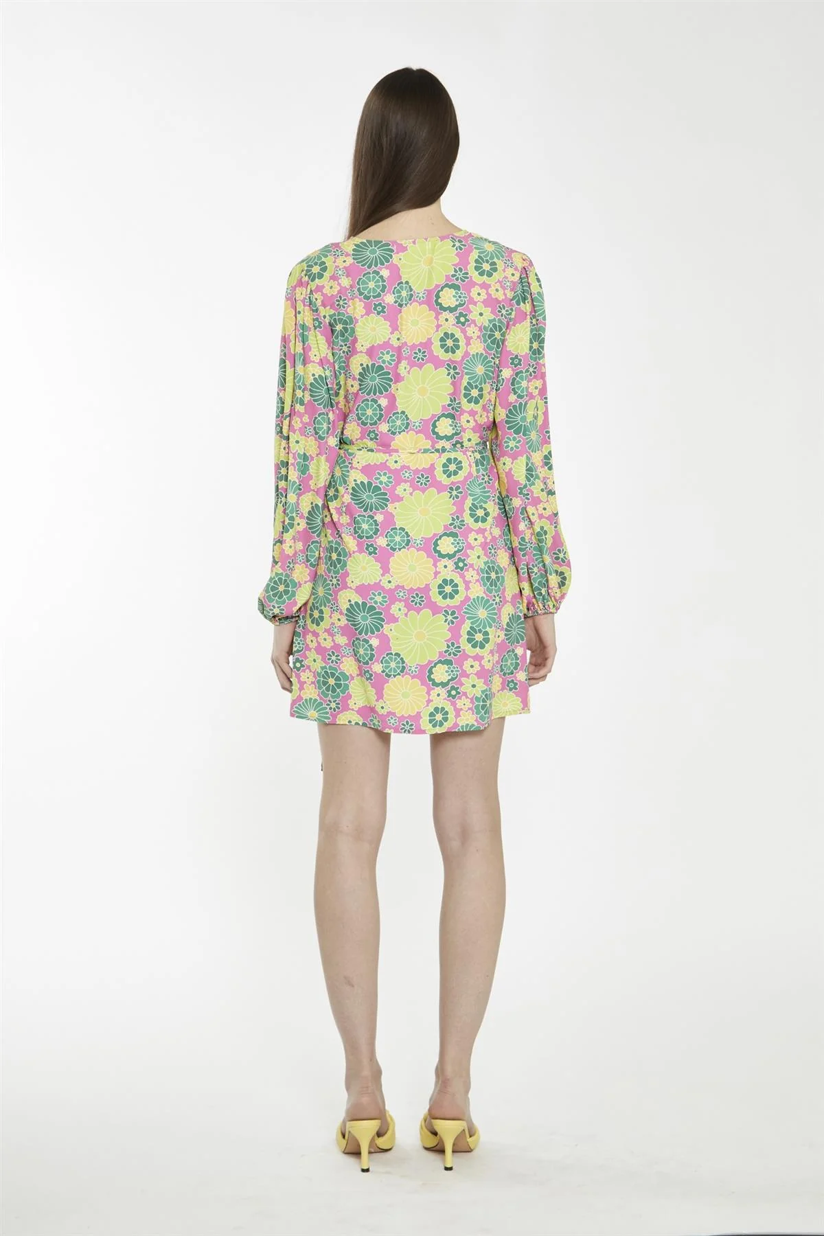 Pink-Multi-60S-Flower Wrap Mini-Dress - Image 2