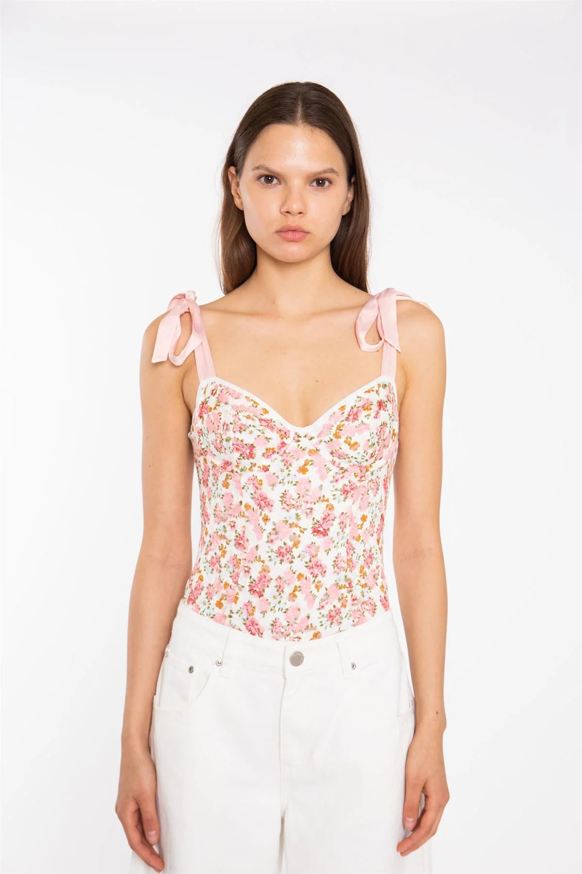 Pink Multi-Floral Lace Ribbon Straps Corset Style-Bodysuit - Image 3