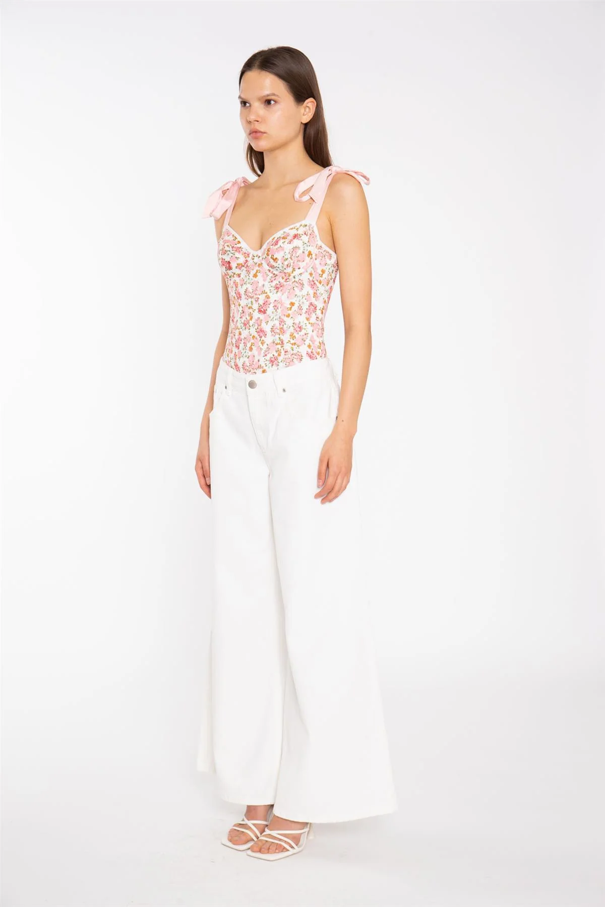 Pink Multi-Floral Lace Ribbon Straps Corset Style-Bodysuit - Image 4