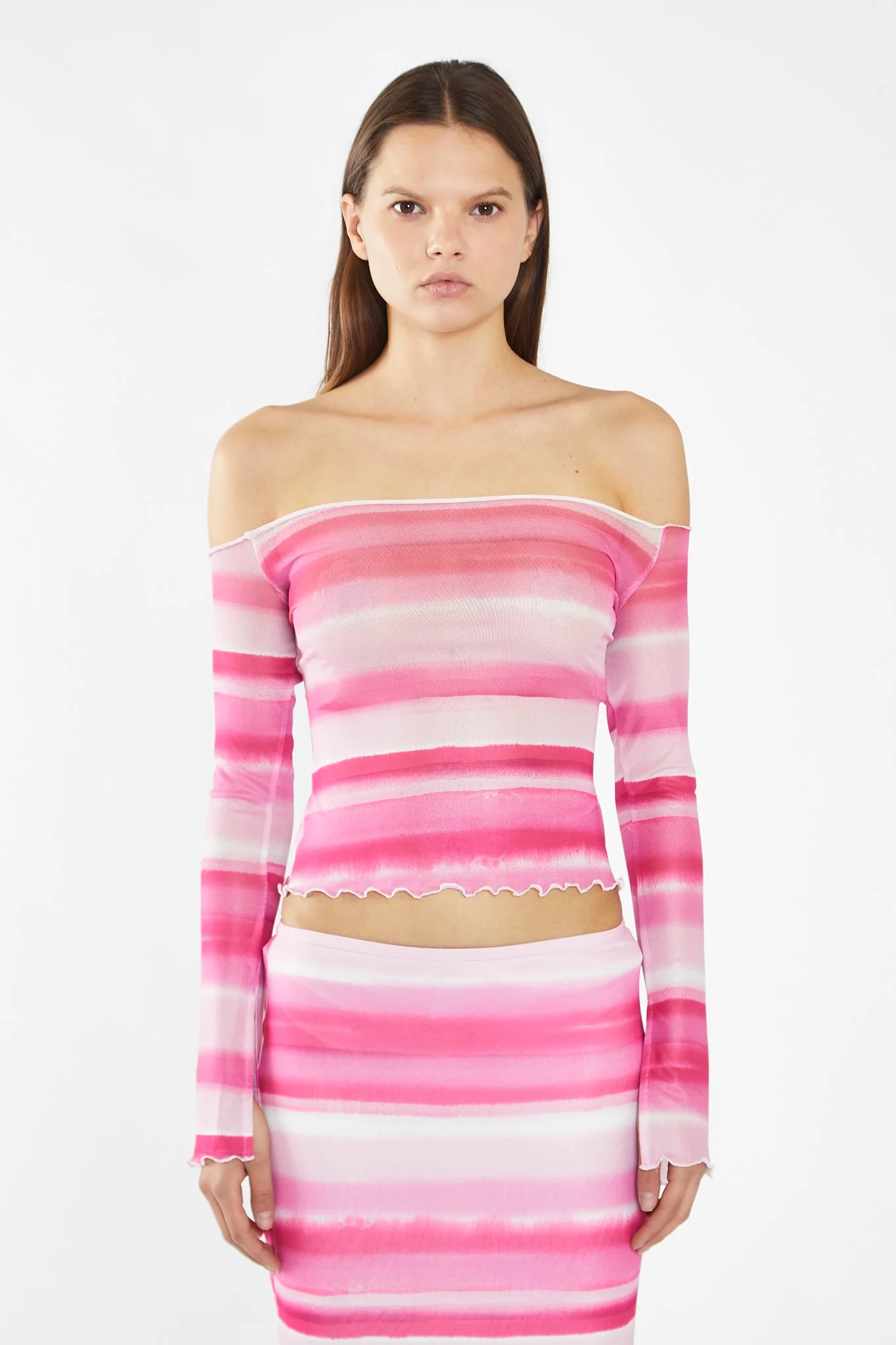 Pink Ombre-Stripe Mesh Off the Shoulder -Top - Image 2