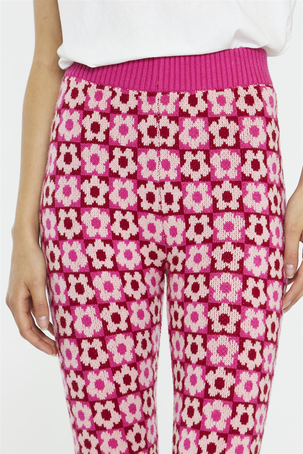 Pink Red Flower Check Flare High-Waist-Trousers - Image 4