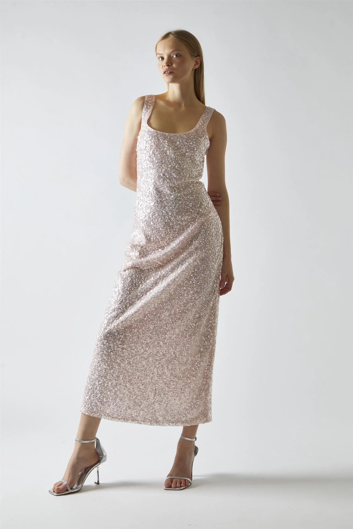 Pink-Silver Sequin Square-Neck Bias-Cut Midaxi-Dress - Image 4