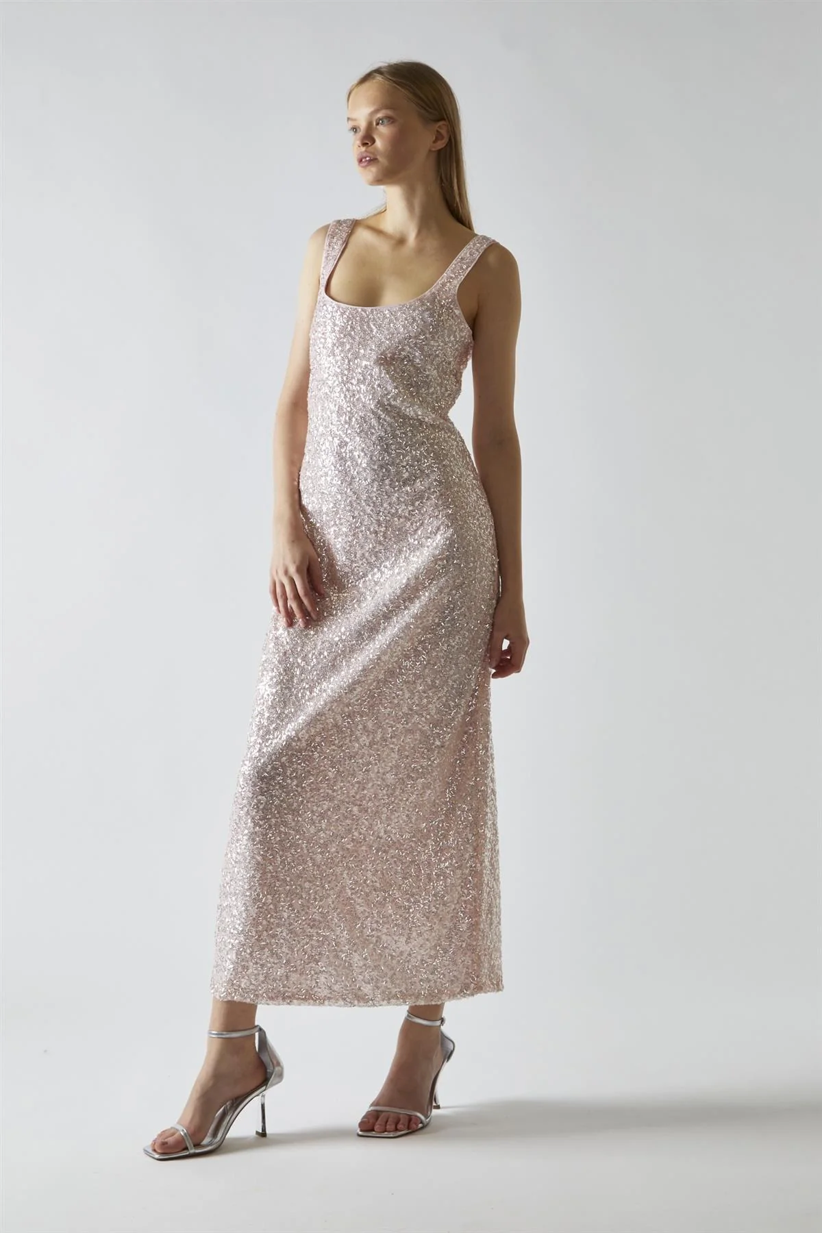 Pink-Silver Sequin Square-Neck Bias-Cut Midaxi-Dress - Image 5