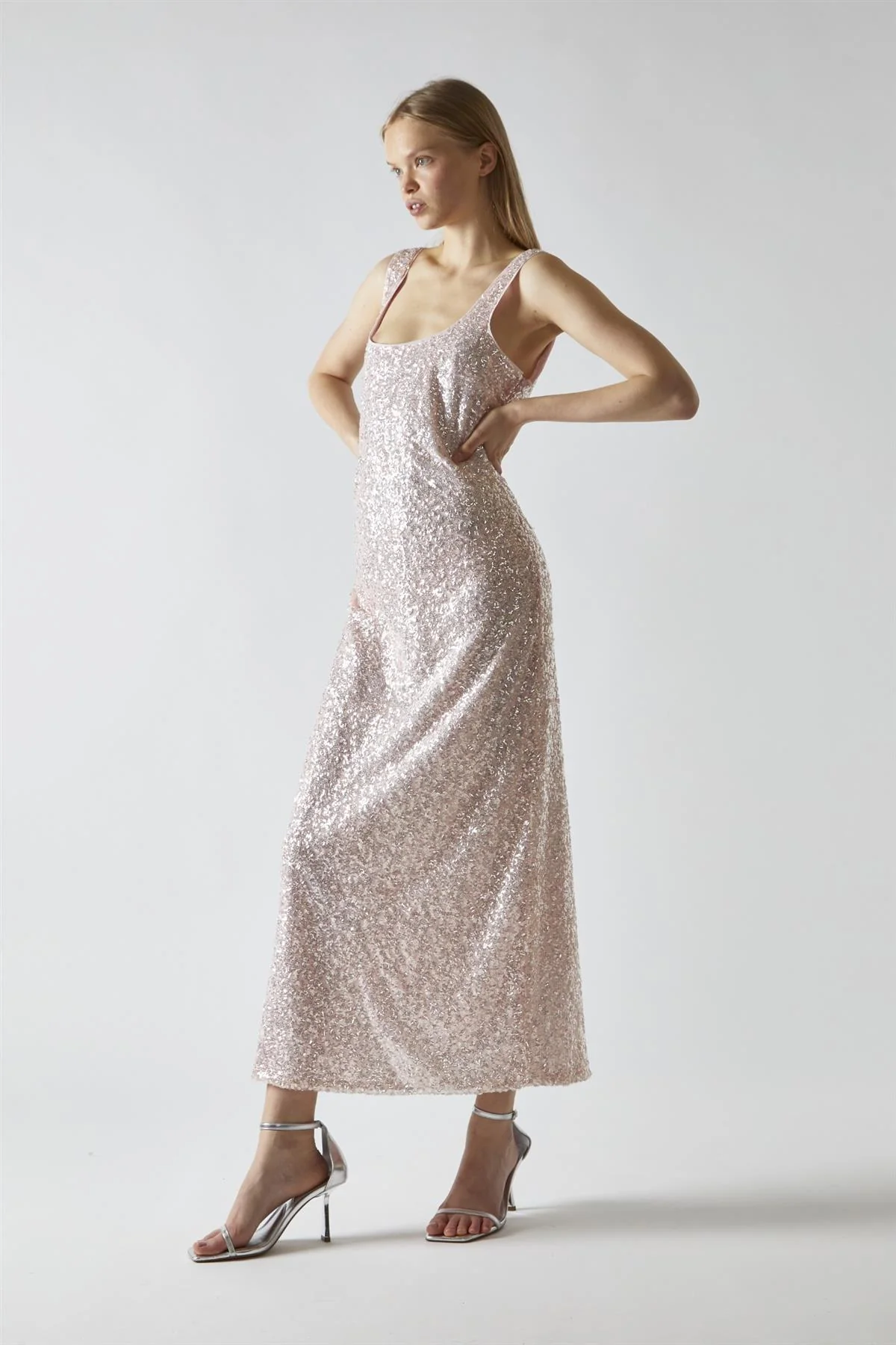 Pink-Silver Sequin Square-Neck Bias-Cut Midaxi-Dress - Image 7