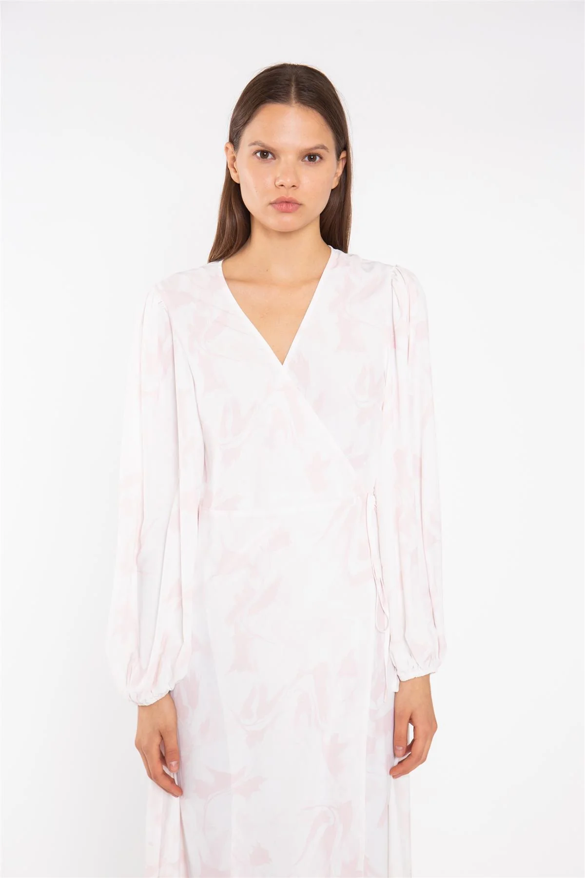Pink-Watercolour Wrap Midi-Dress - Image 3