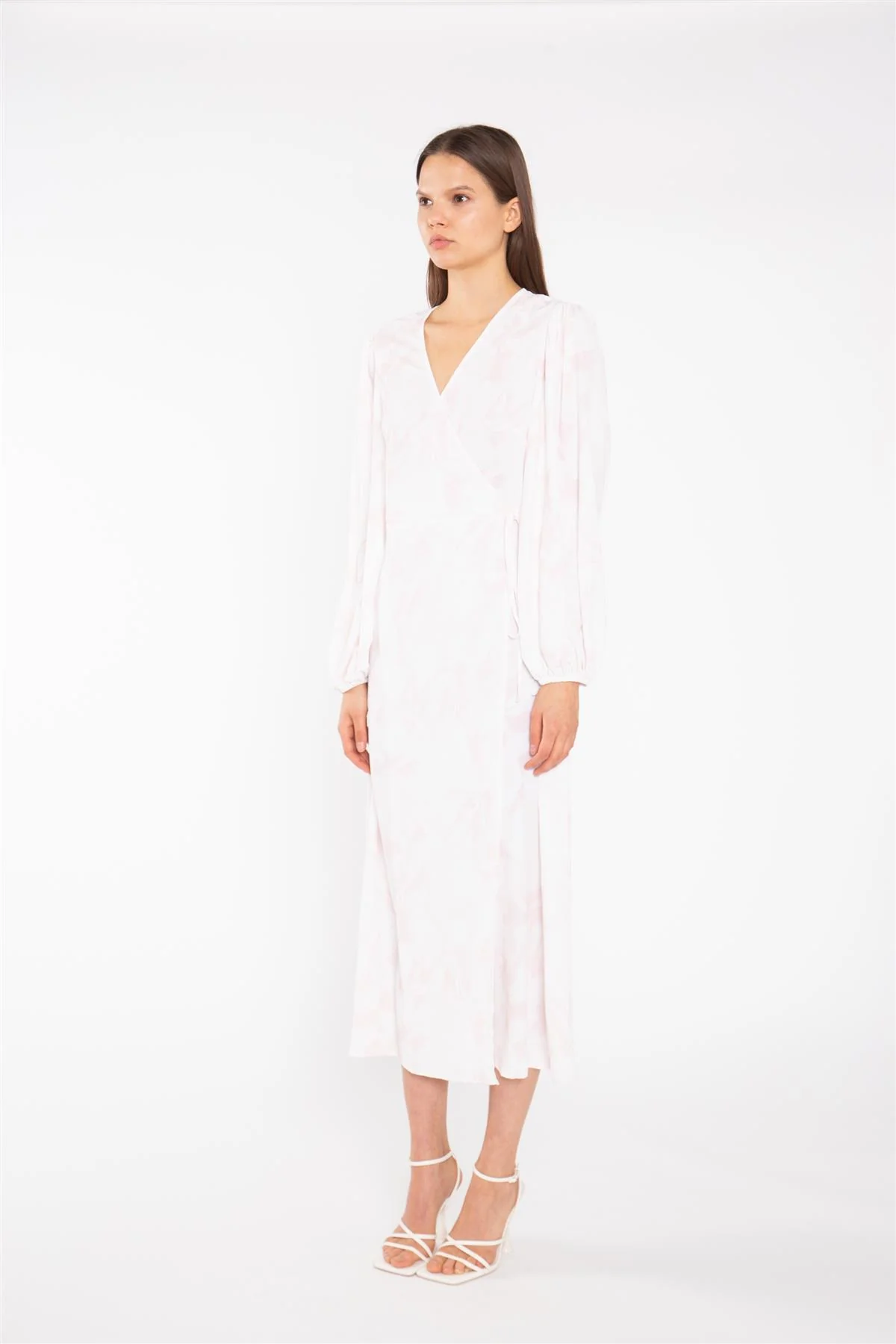 Pink-Watercolour Wrap Midi-Dress - Image 4