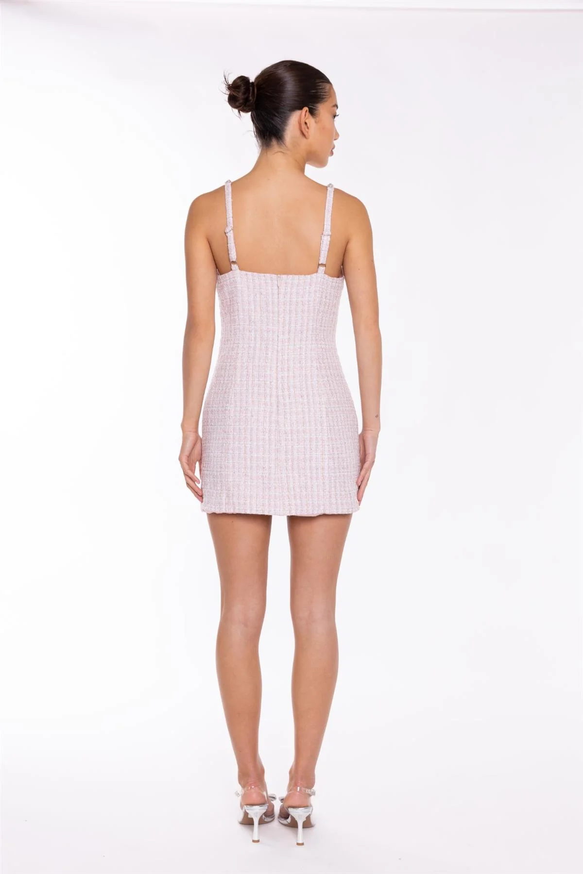Pink-White Tweed Diamante Trim Mini-Dress - Image 2