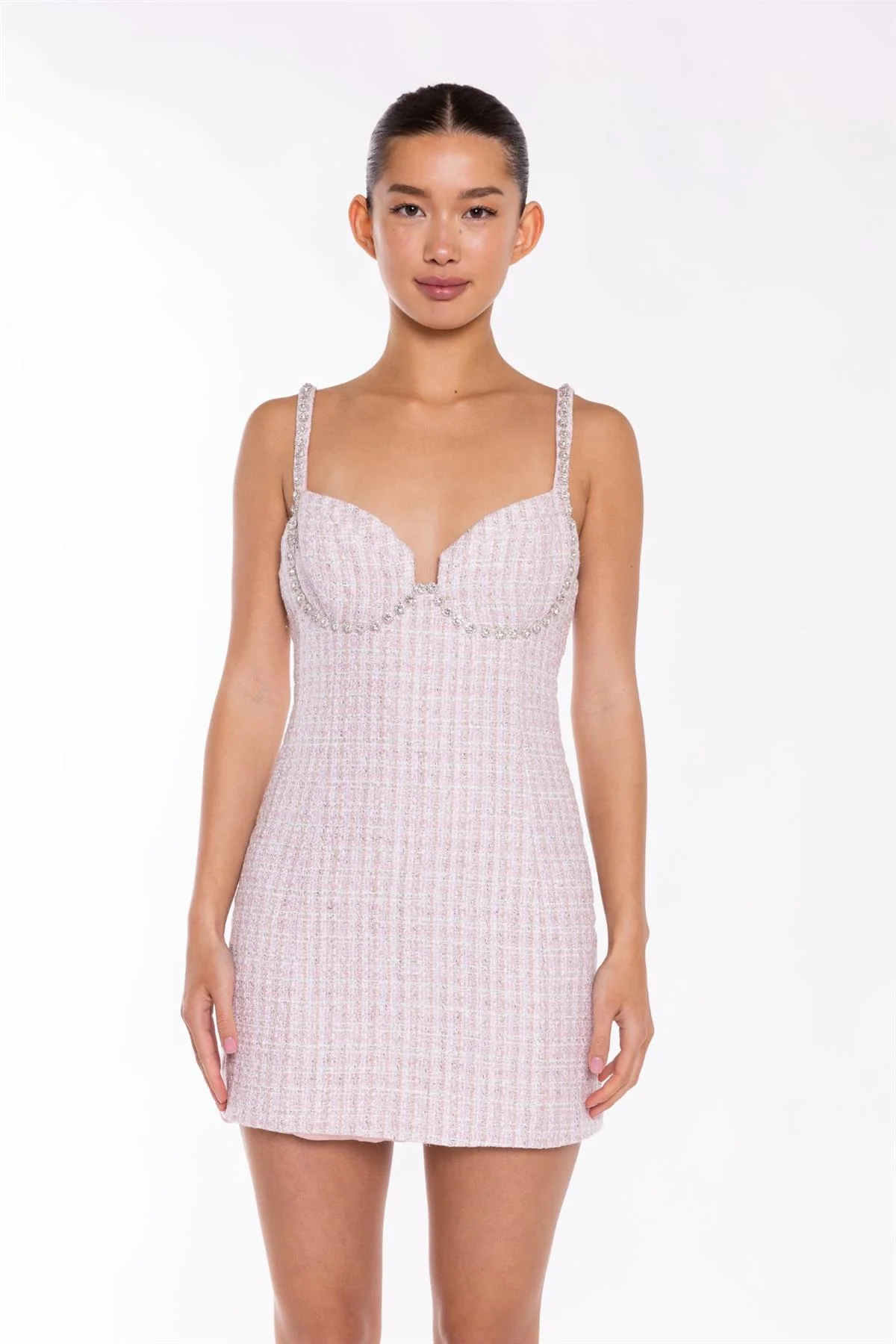 Pink-White Tweed Diamante Trim Mini-Dress - Image 3
