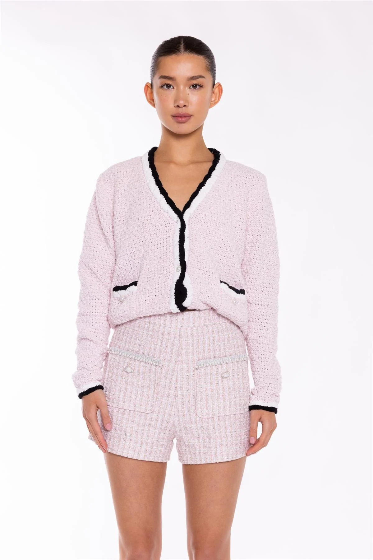 Pink-White Tweed Mini Shorts - Image 3