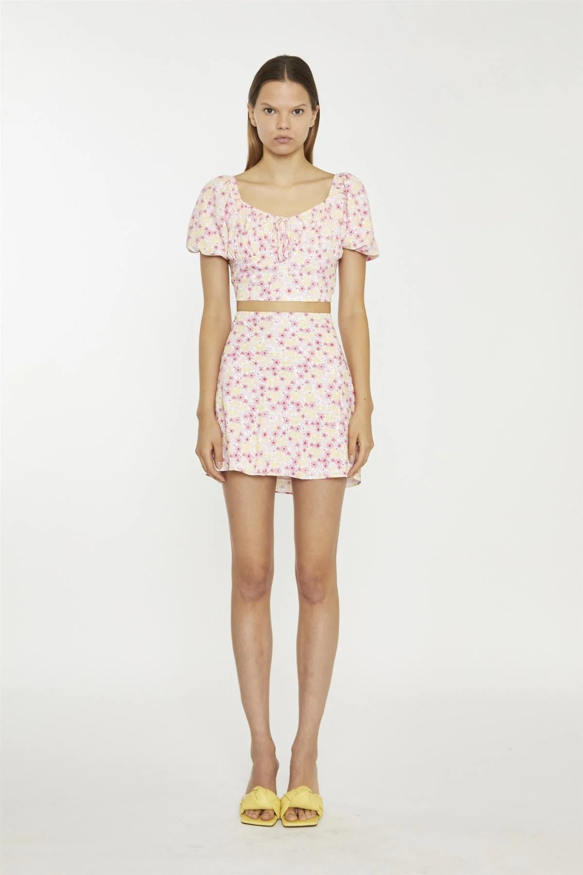 Pink Yellow Bunch Floral Short-Sleeve Tie-Detail Crop-Top