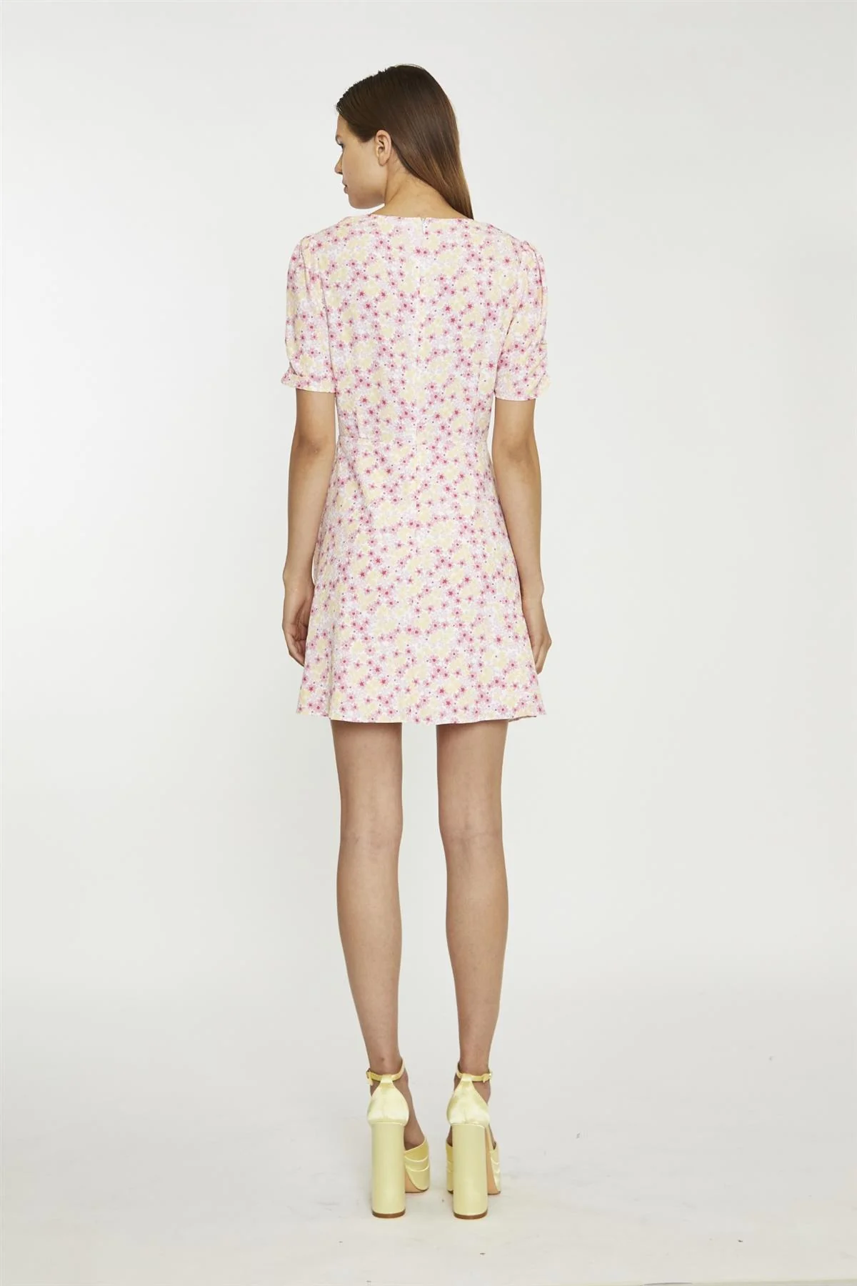 Pink-Yellow-Bunch-Flower Mini-Dress - Image 2