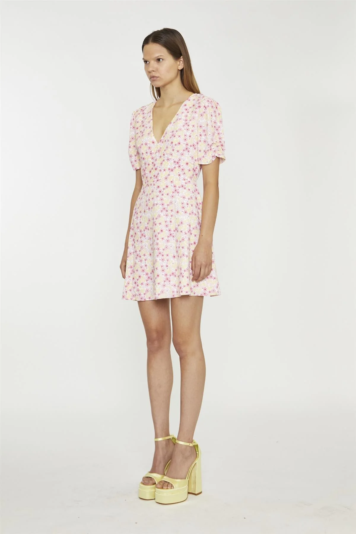 Pink-Yellow-Bunch-Flower Mini-Dress - Image 3
