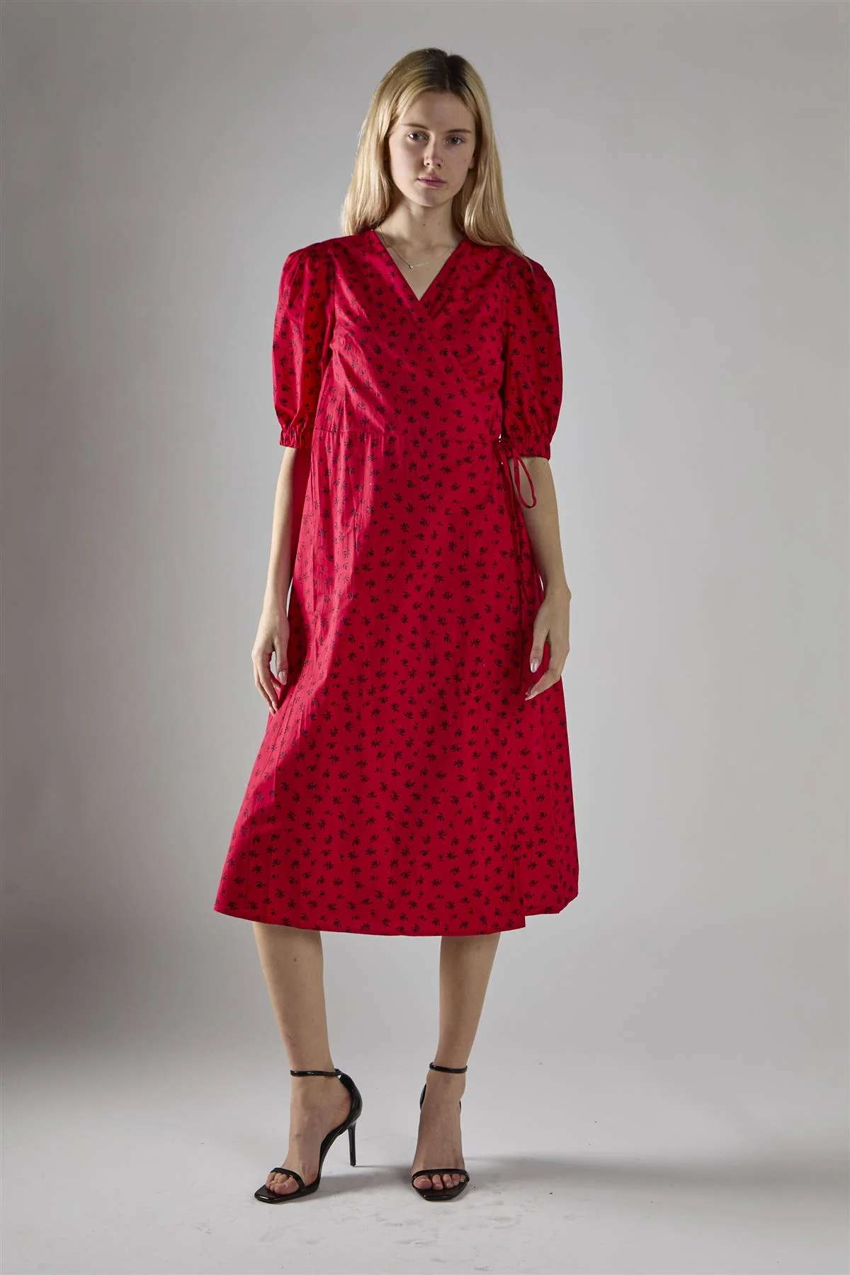 Red Ditsy V-Neck Wrap Midi-Dress - Image 5