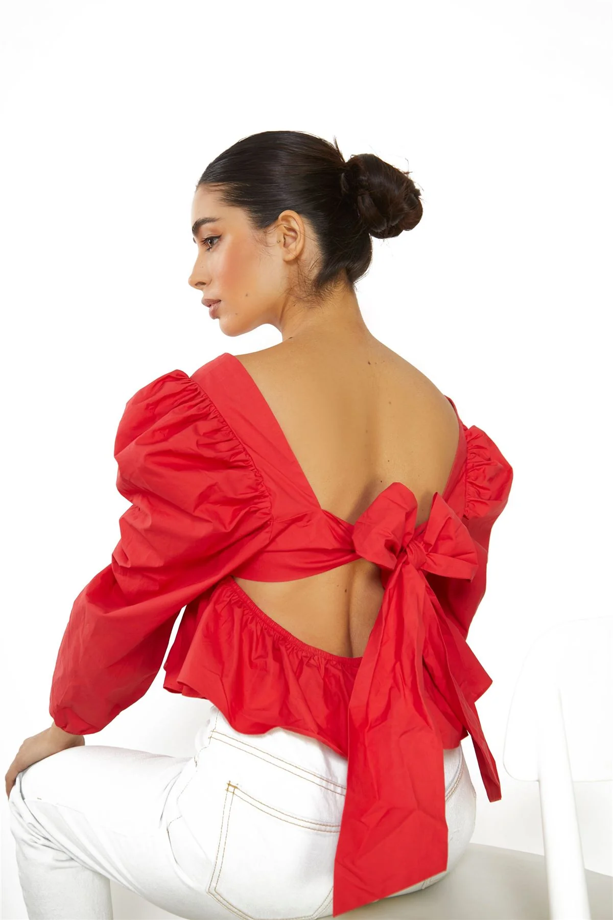 Red Puff Long Sleeve Open Back Top - Image 2