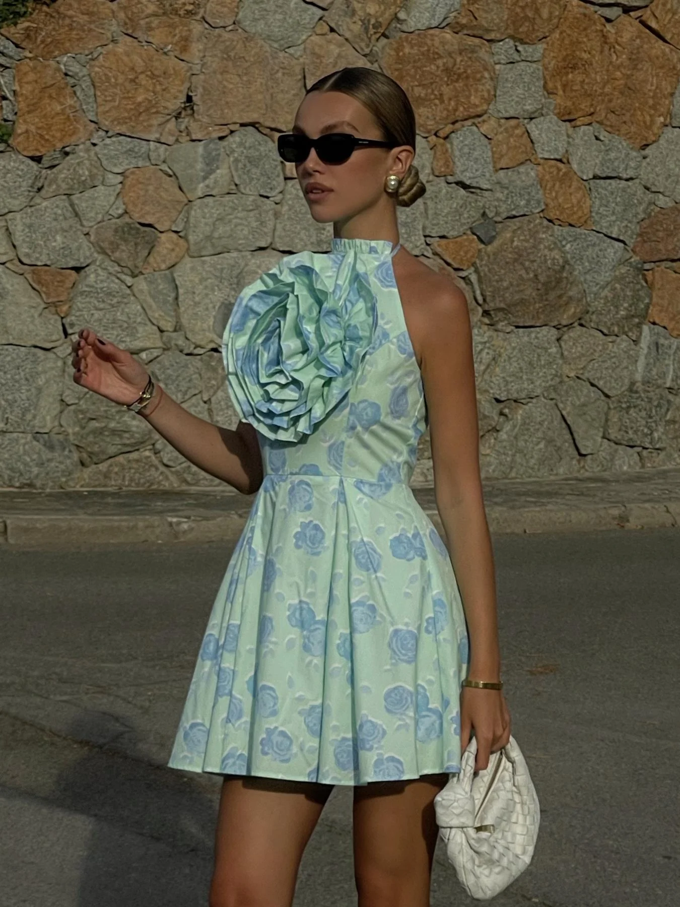 Rosie Corsage Skater Mini-Dress -Mint-Blue Floral - Image 6