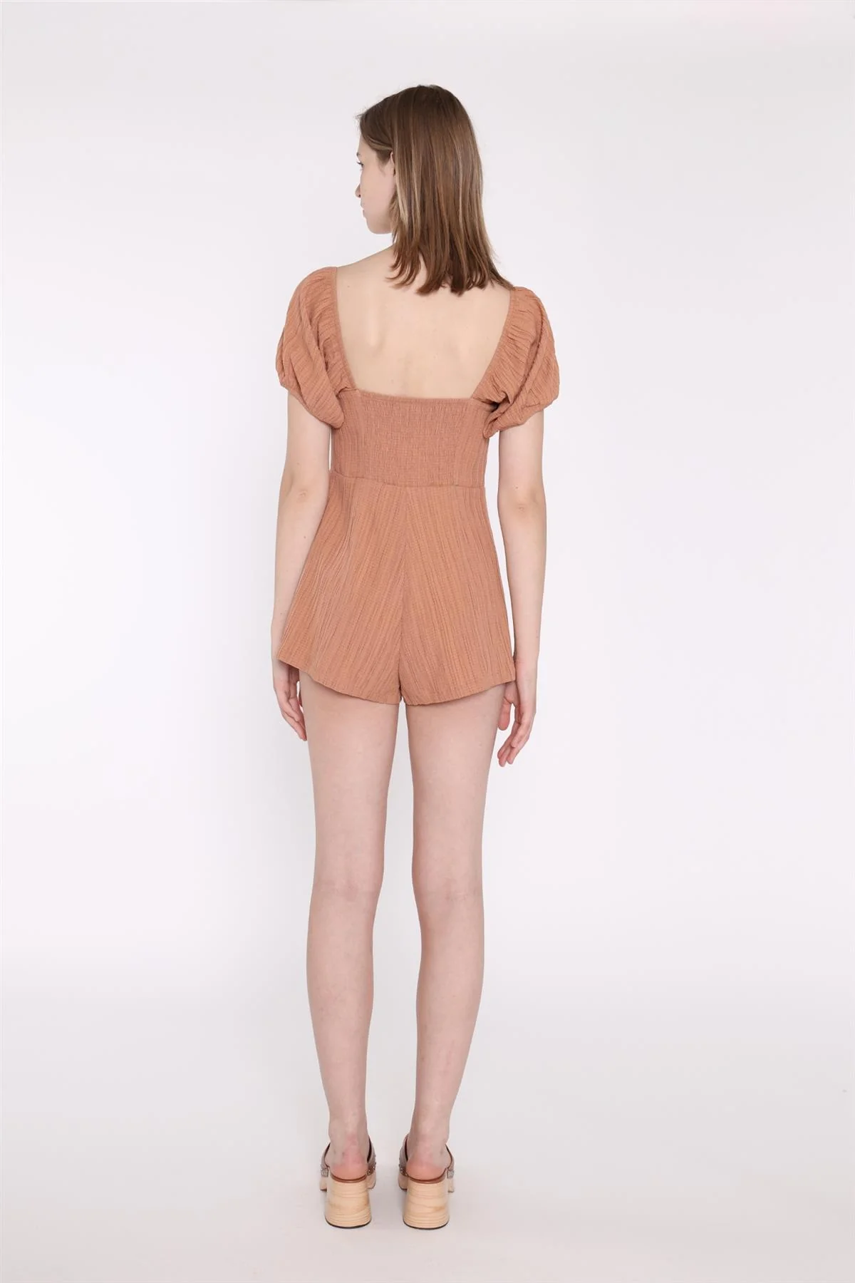 Rust-Crinkle Square-Neck Button Down-Playsuit - Image 2