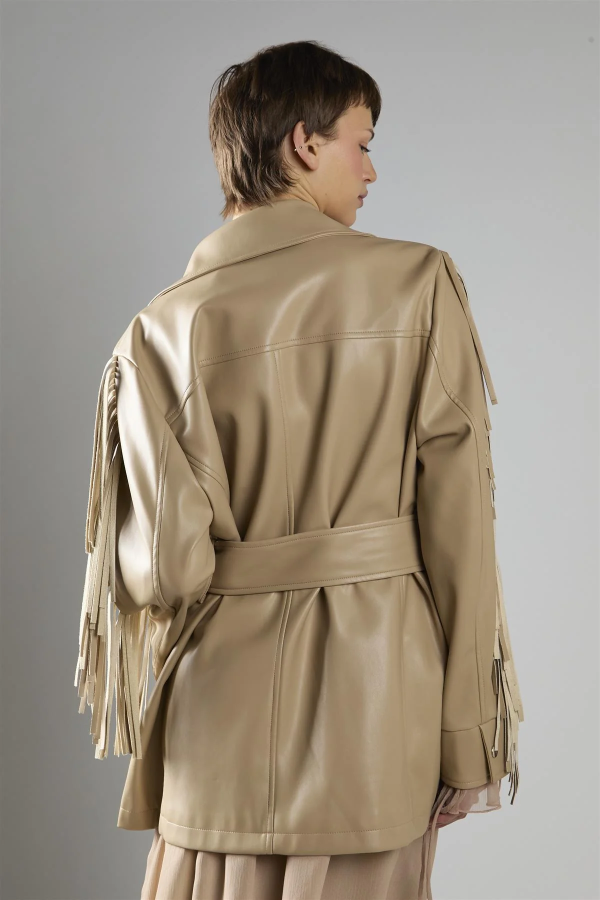 Sand Pu Belted Fringe Longline Jacket - Image 2
