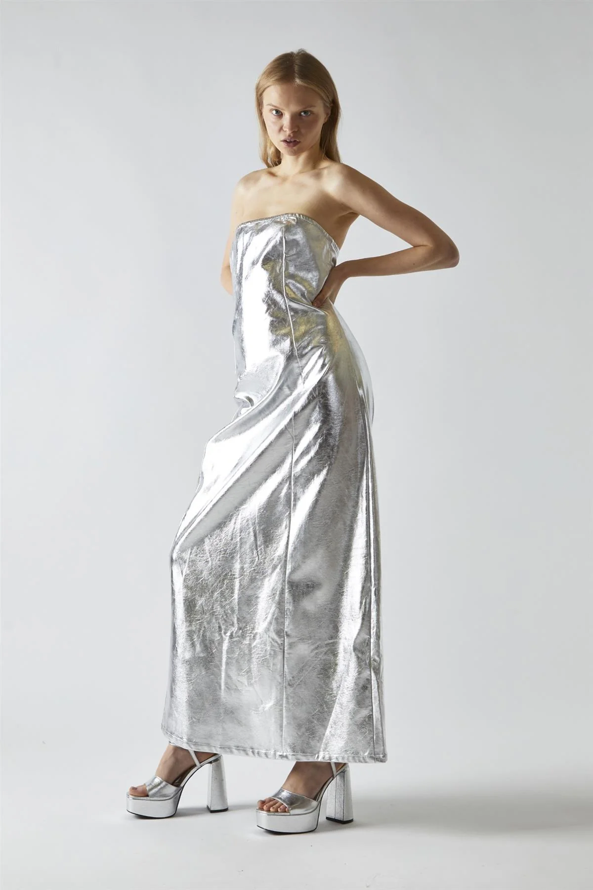 Silver-PU Bandeau Maxi-Dress - Image 4