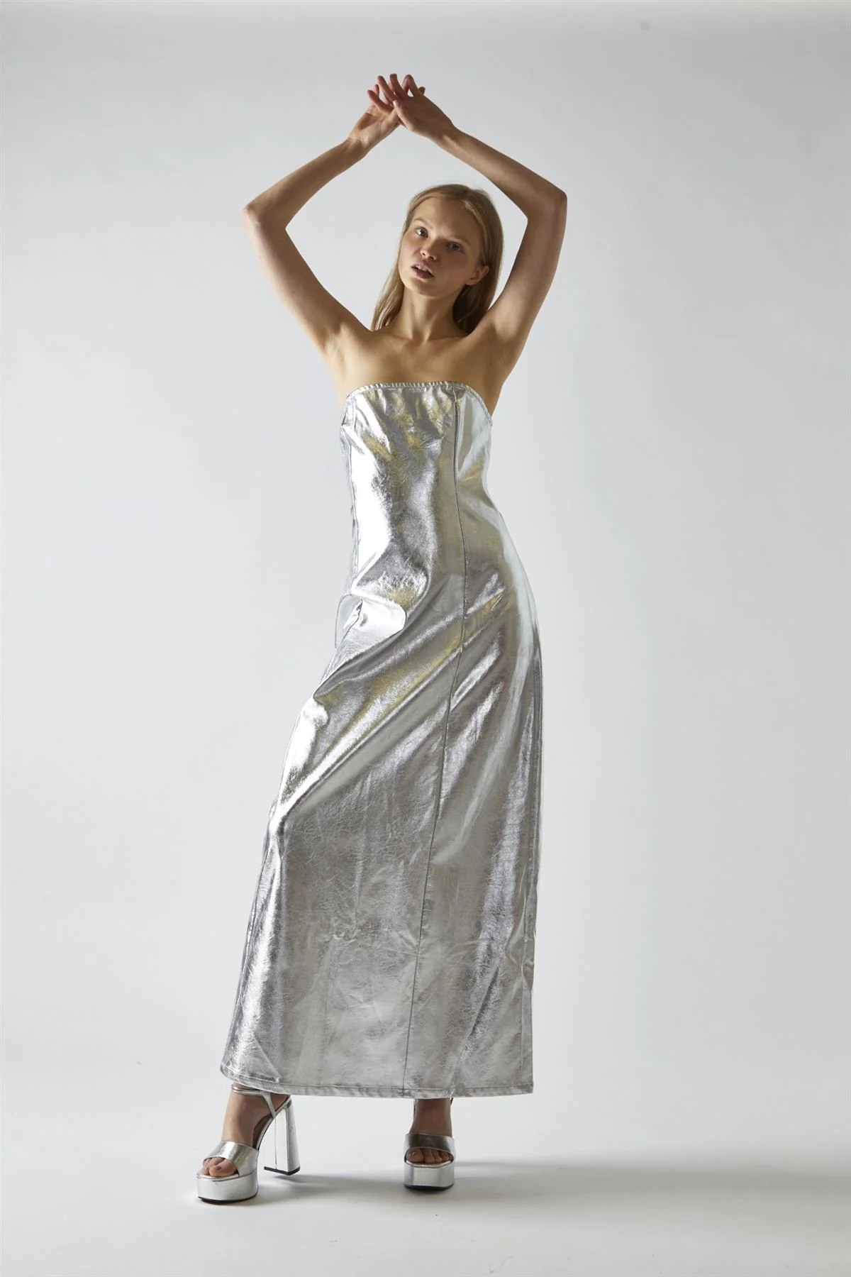 Silver-PU Bandeau Maxi-Dress - Image 5