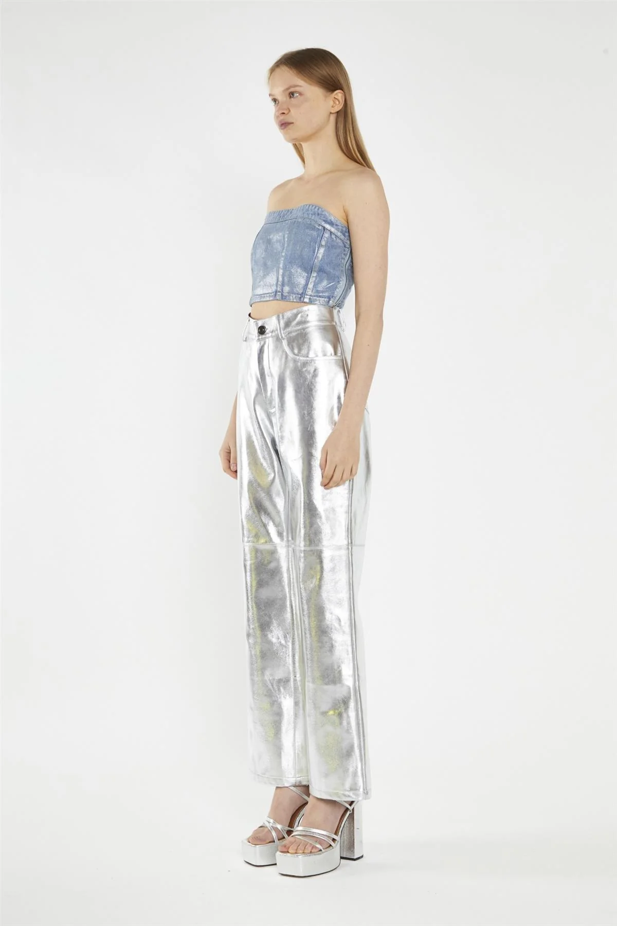 Silver-Pu Wide-Leg Crop-Trousers - Image 4