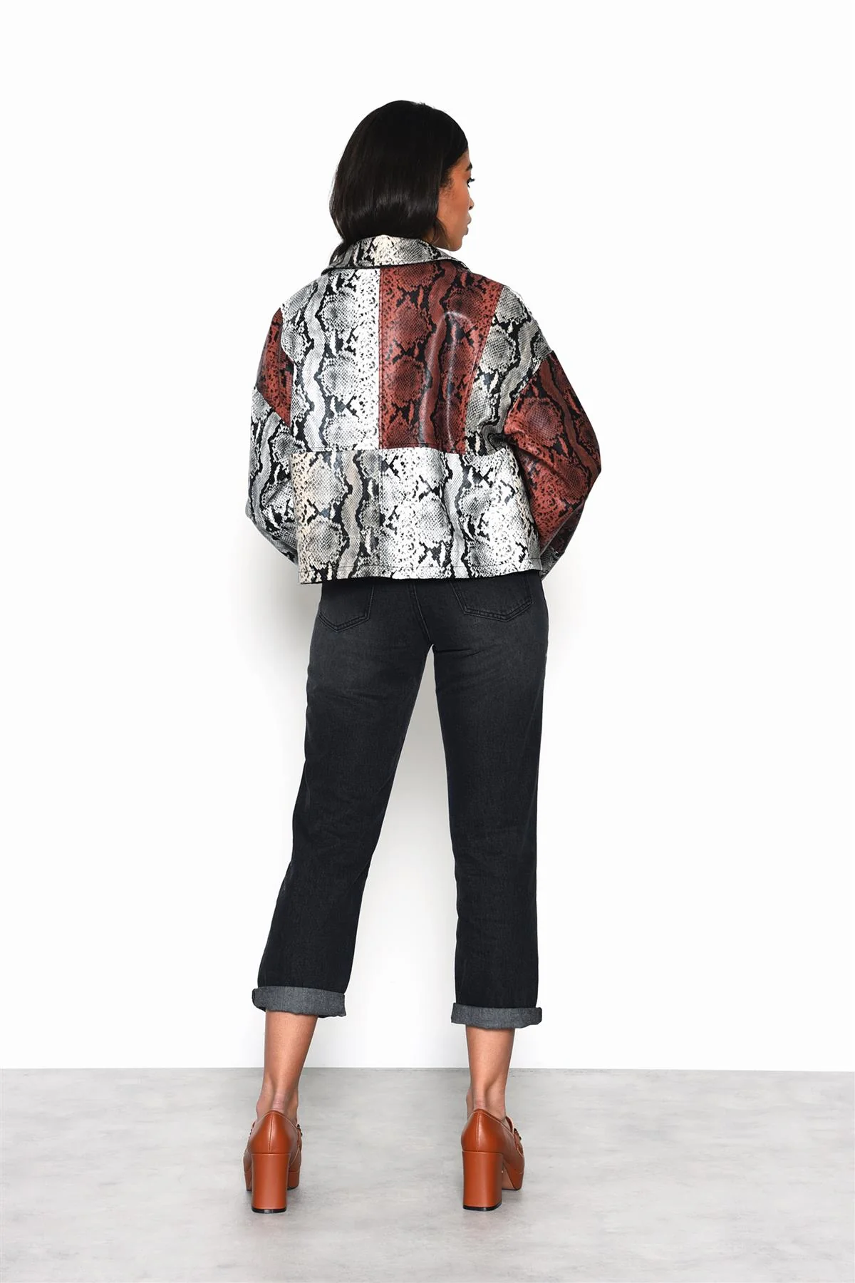 Snakeskin-Patchwork Button-Front Long-Sleeve-Jacket - Image 2