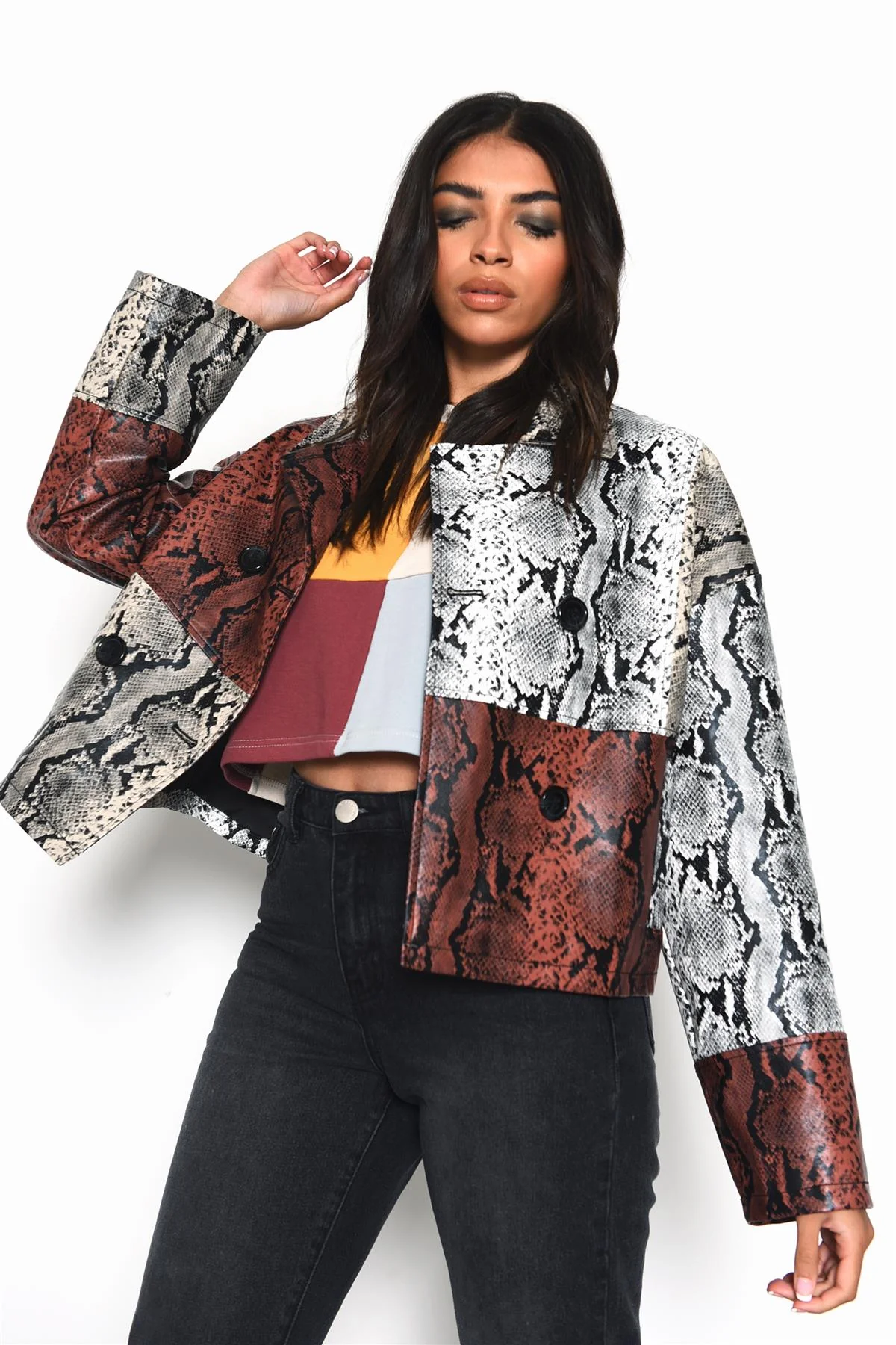 Snakeskin-Patchwork Button-Front Long-Sleeve-Jacket - Image 3