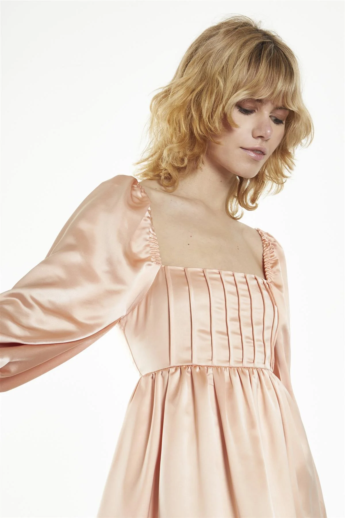 Square Neck Short Skater Dress - Peach Satin - Image 4